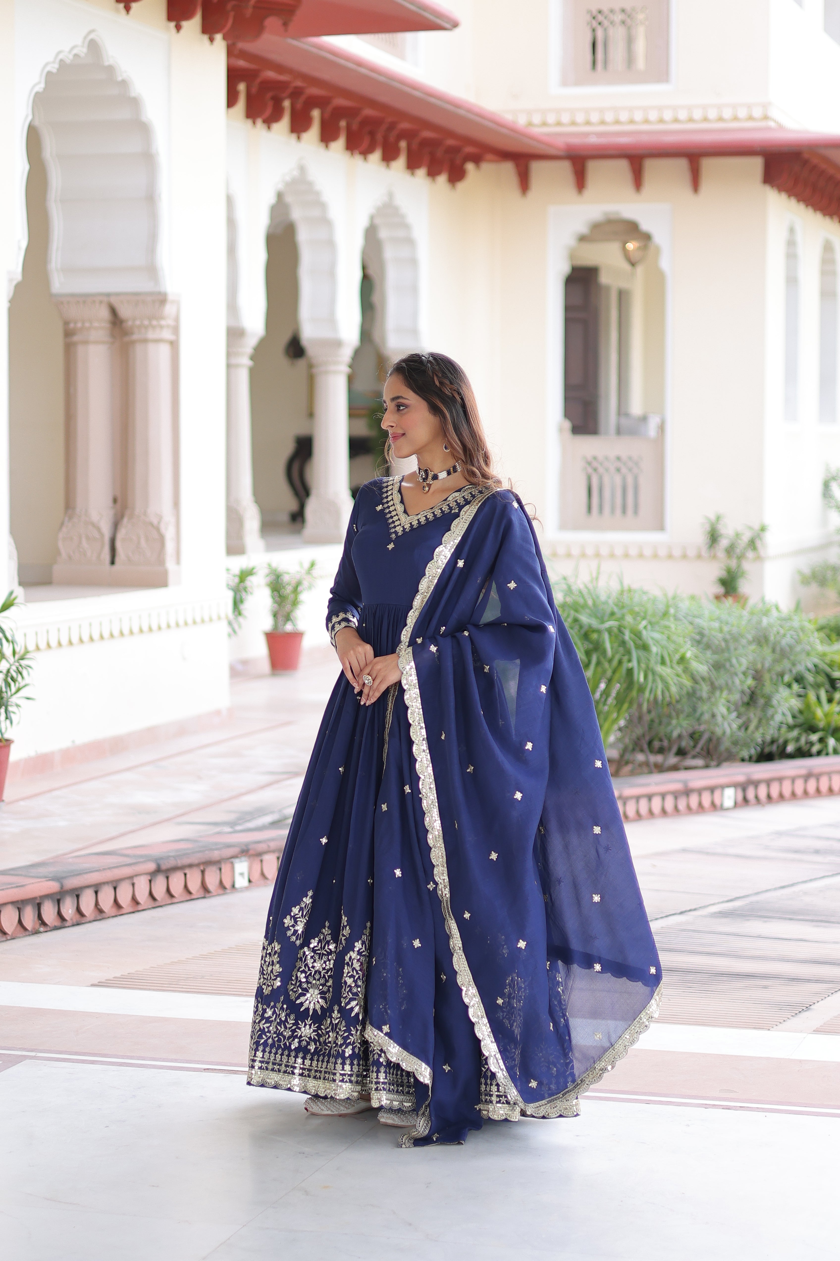 Tisara Blue Color Vichitra Silk Rich Sequins Embroidered Work Gown with Dupatta