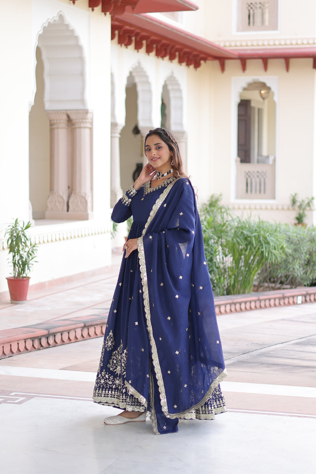 Tisara Blue Color Vichitra Silk Rich Sequins Embroidered Work Gown with Dupatta
