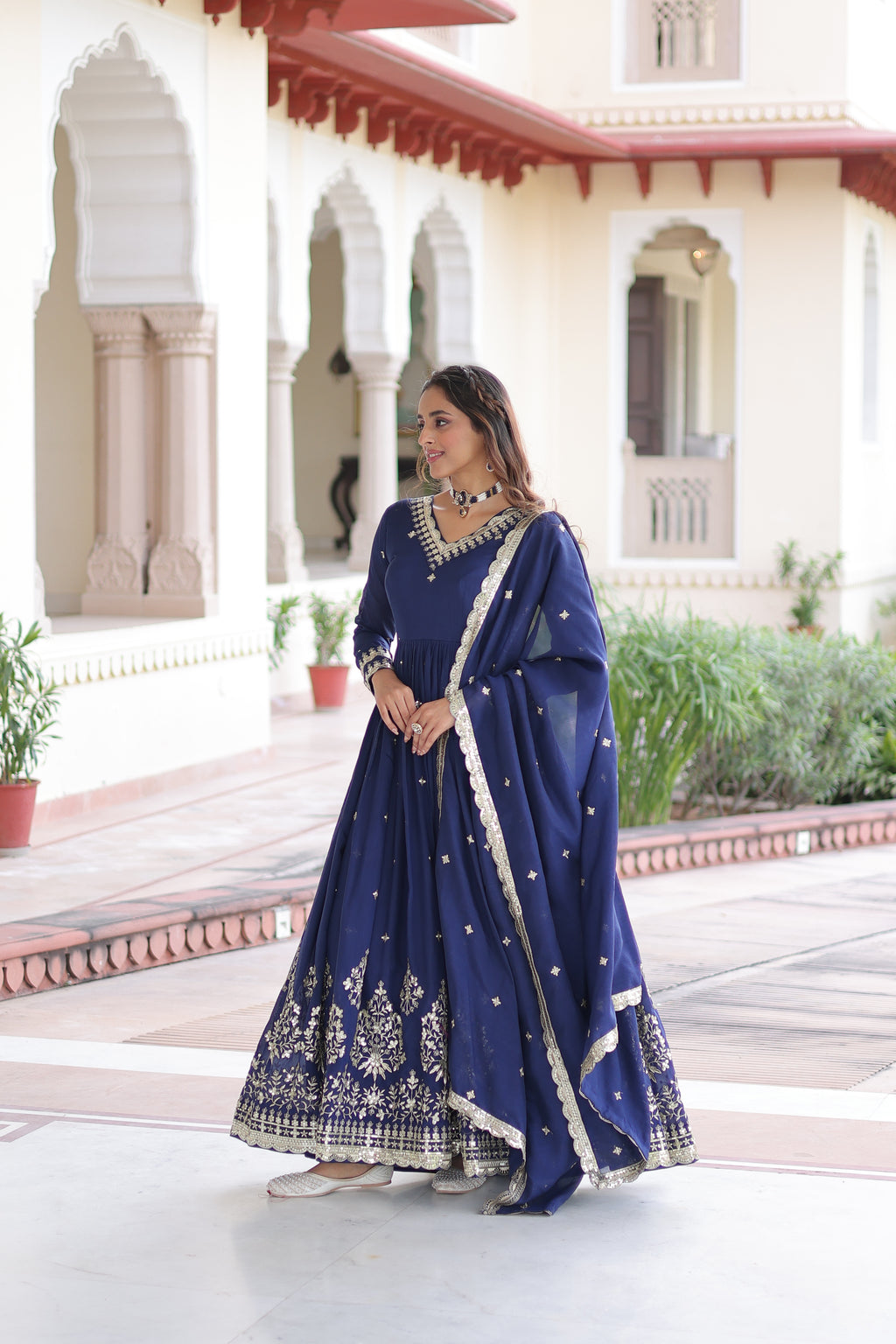 Tisara Blue Color Vichitra Silk Rich Sequins Embroidered Work Gown with Dupatta
