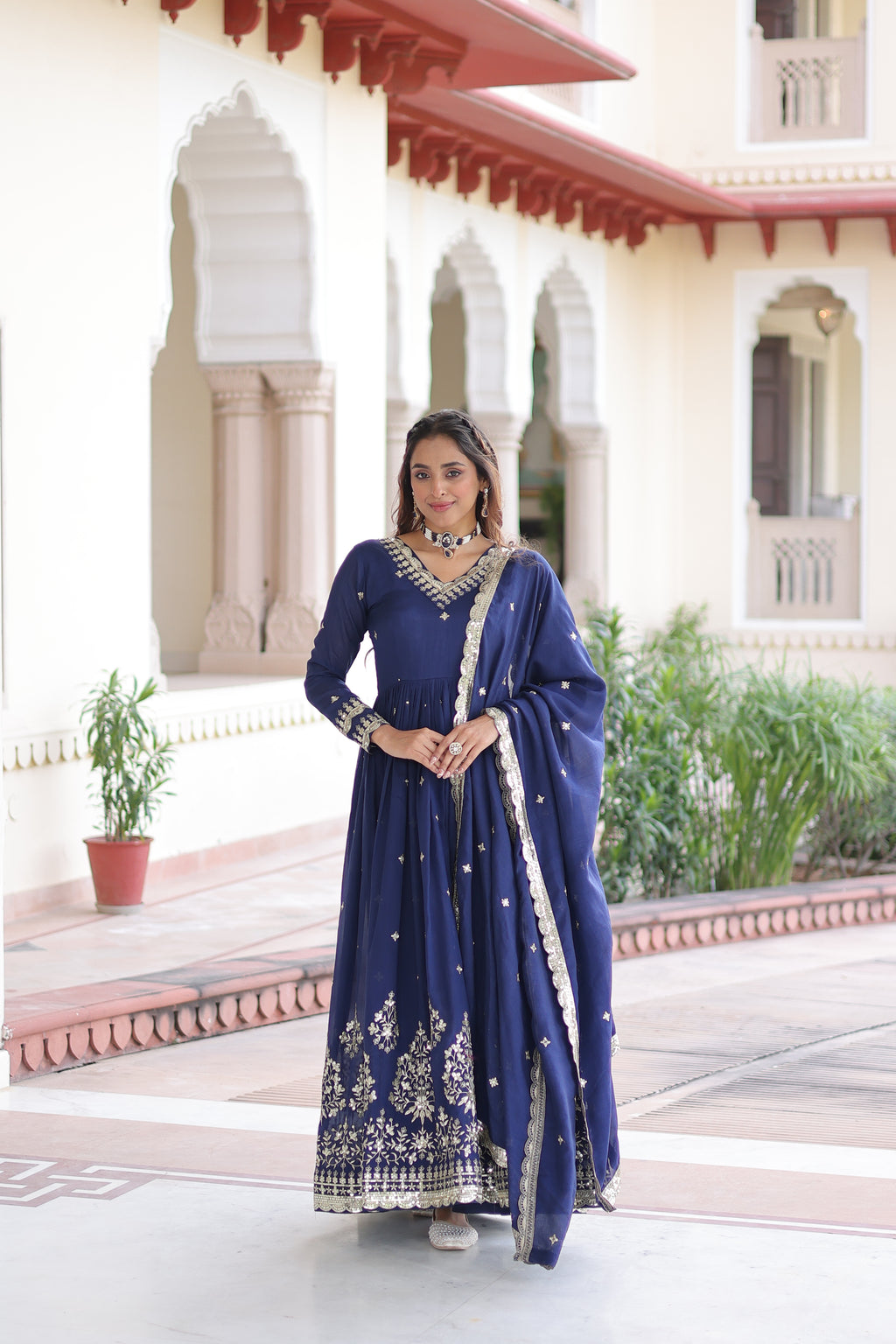 Tisara Blue Color Vichitra Silk Rich Sequins Embroidered Work Gown with Dupatta