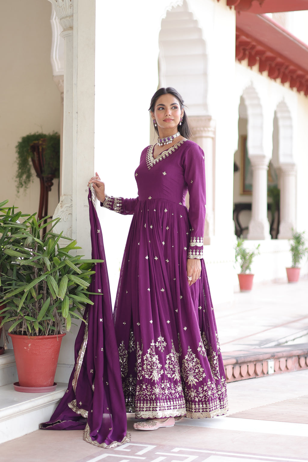 Tisara Purple Color Vichitra Silk Rich Sequins Embroidered Work Gown with Dupatta