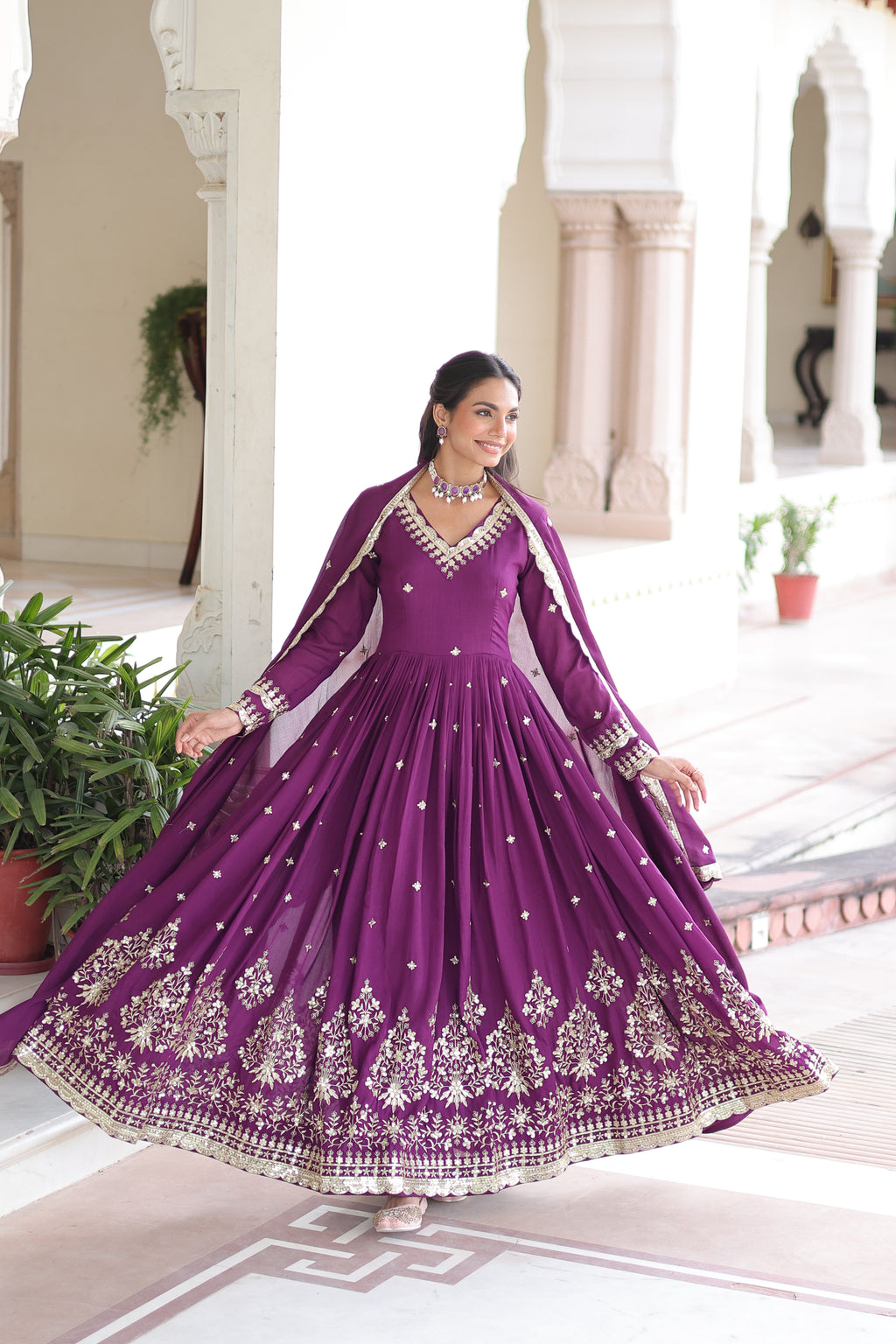 Tisara Purple Color Vichitra Silk Rich Sequins Embroidered Work Gown with Dupatta