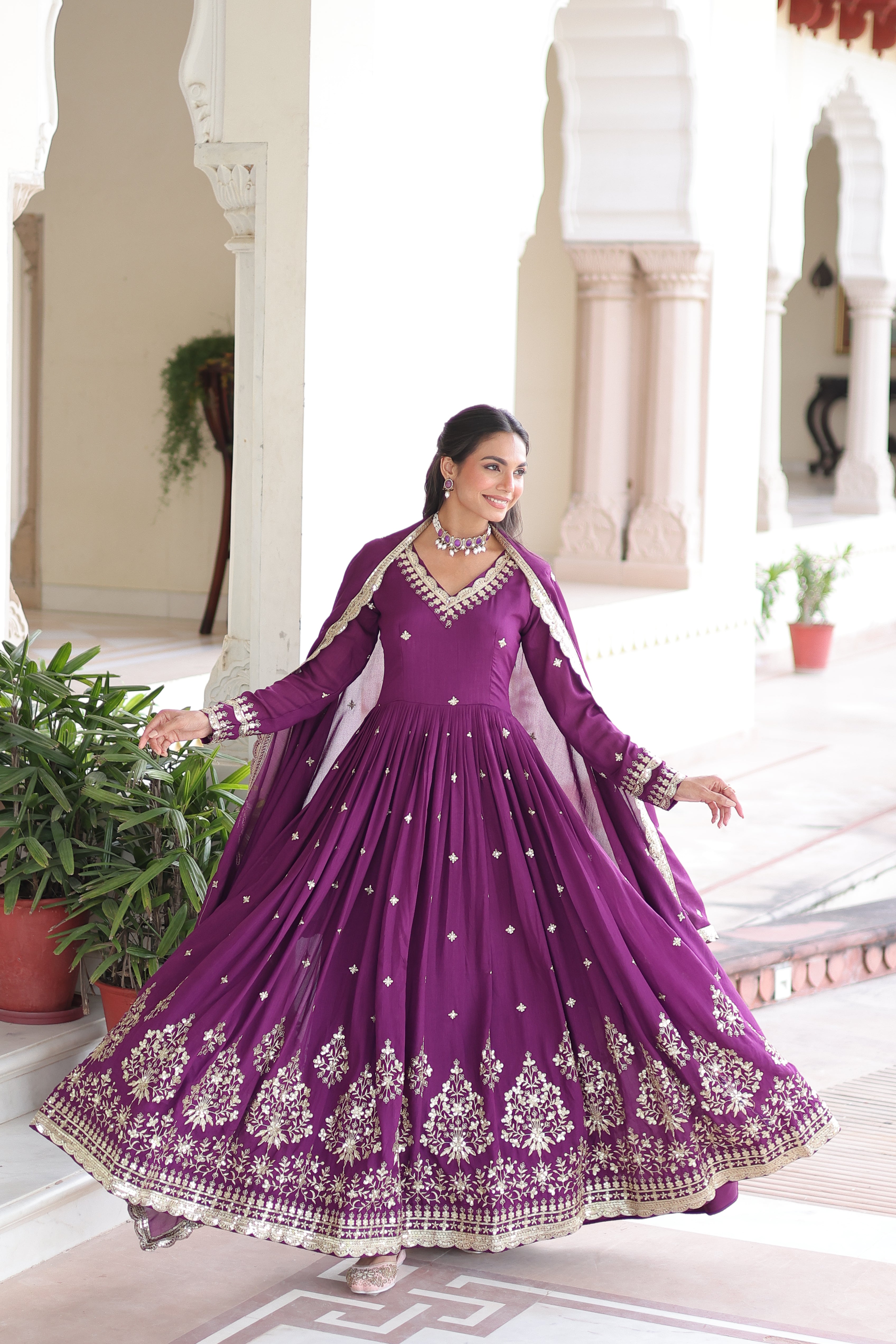 Tisara Purple Color Vichitra Silk Rich Sequins Embroidered Work Gown with Dupatta