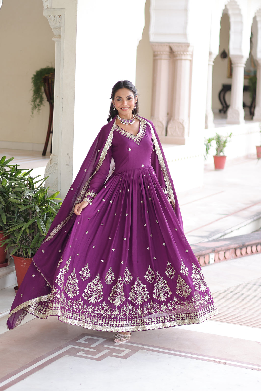 Tisara Purple Color Vichitra Silk Rich Sequins Embroidered Work Gown with Dupatta