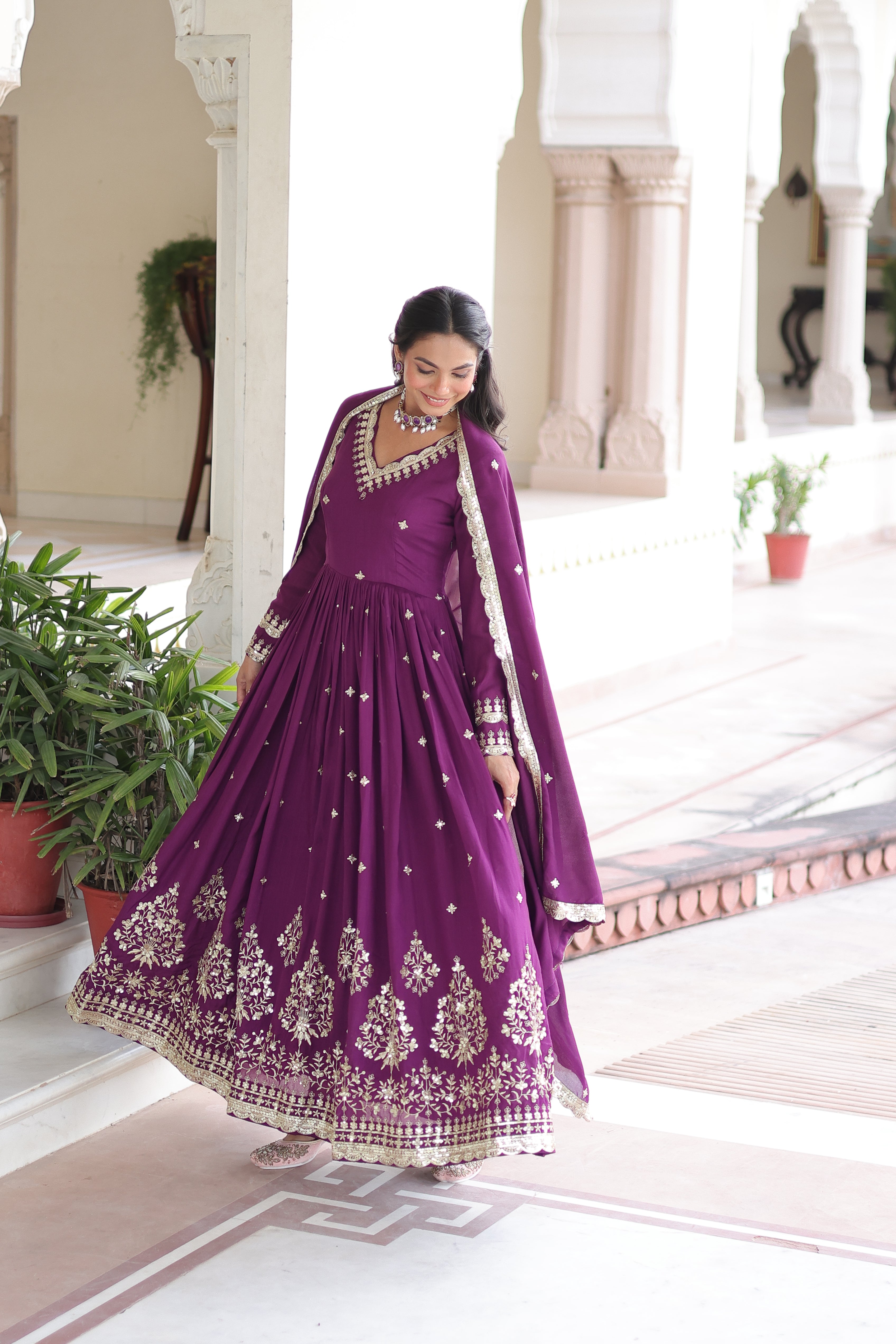 Tisara Purple Color Vichitra Silk Rich Sequins Embroidered Work Gown with Dupatta
