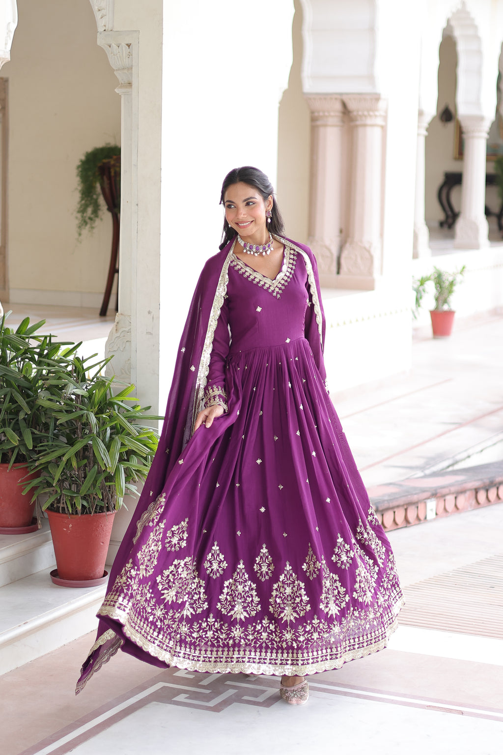 Tisara Purple Color Vichitra Silk Rich Sequins Embroidered Work Gown with Dupatta