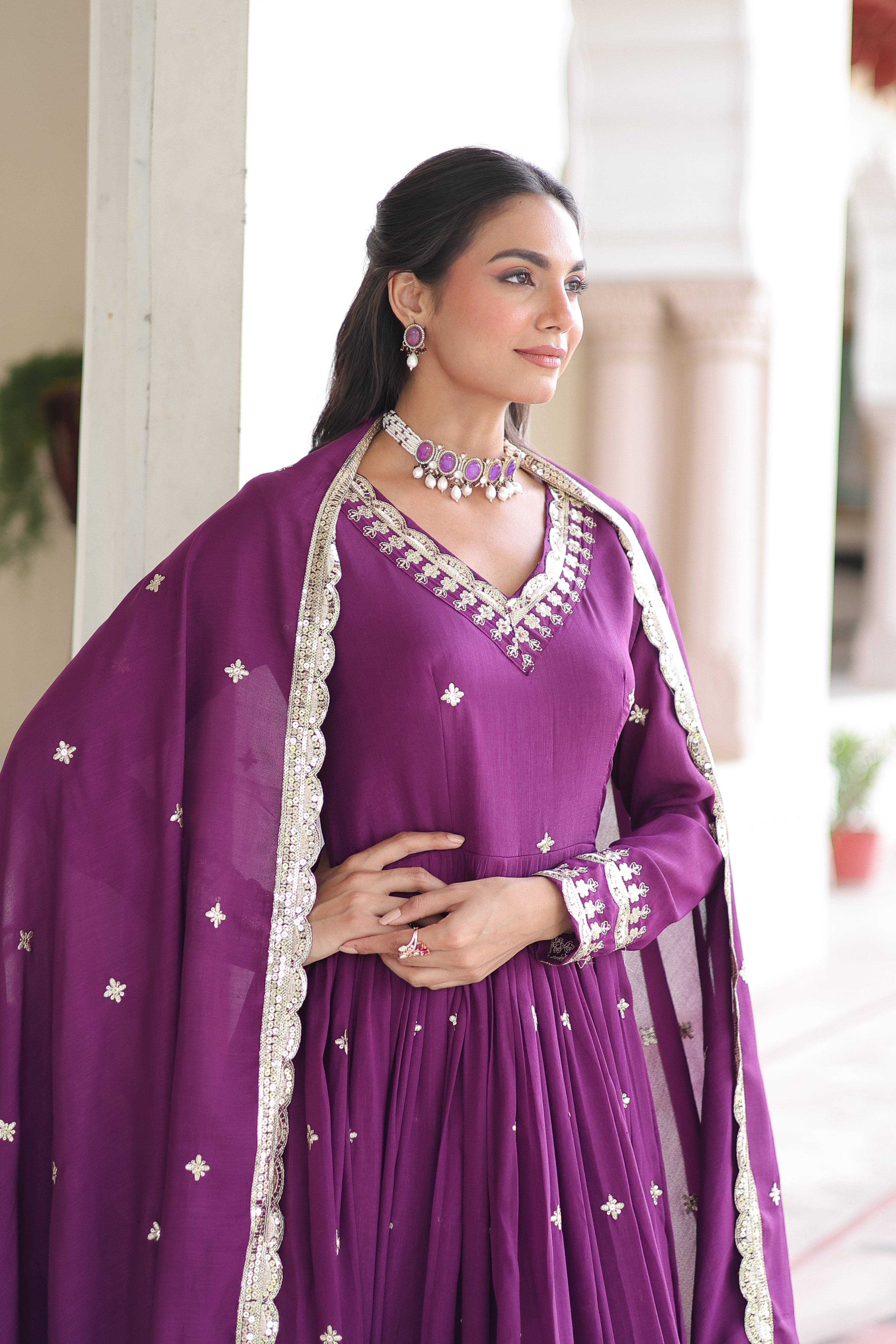 Tisara Purple Color Vichitra Silk Rich Sequins Embroidered Work Gown with Dupatta
