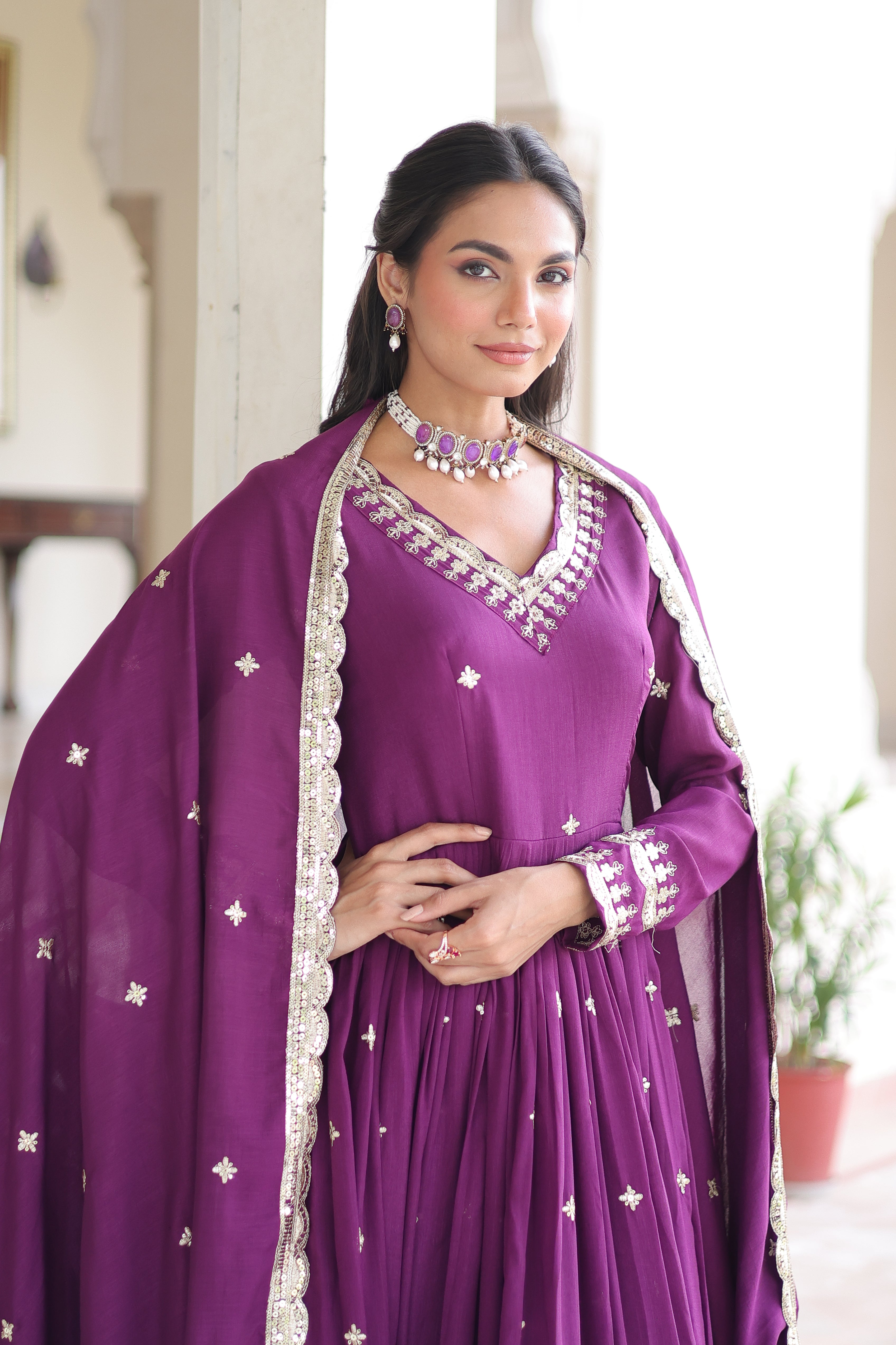 Tisara Purple Color Vichitra Silk Rich Sequins Embroidered Work Gown with Dupatta
