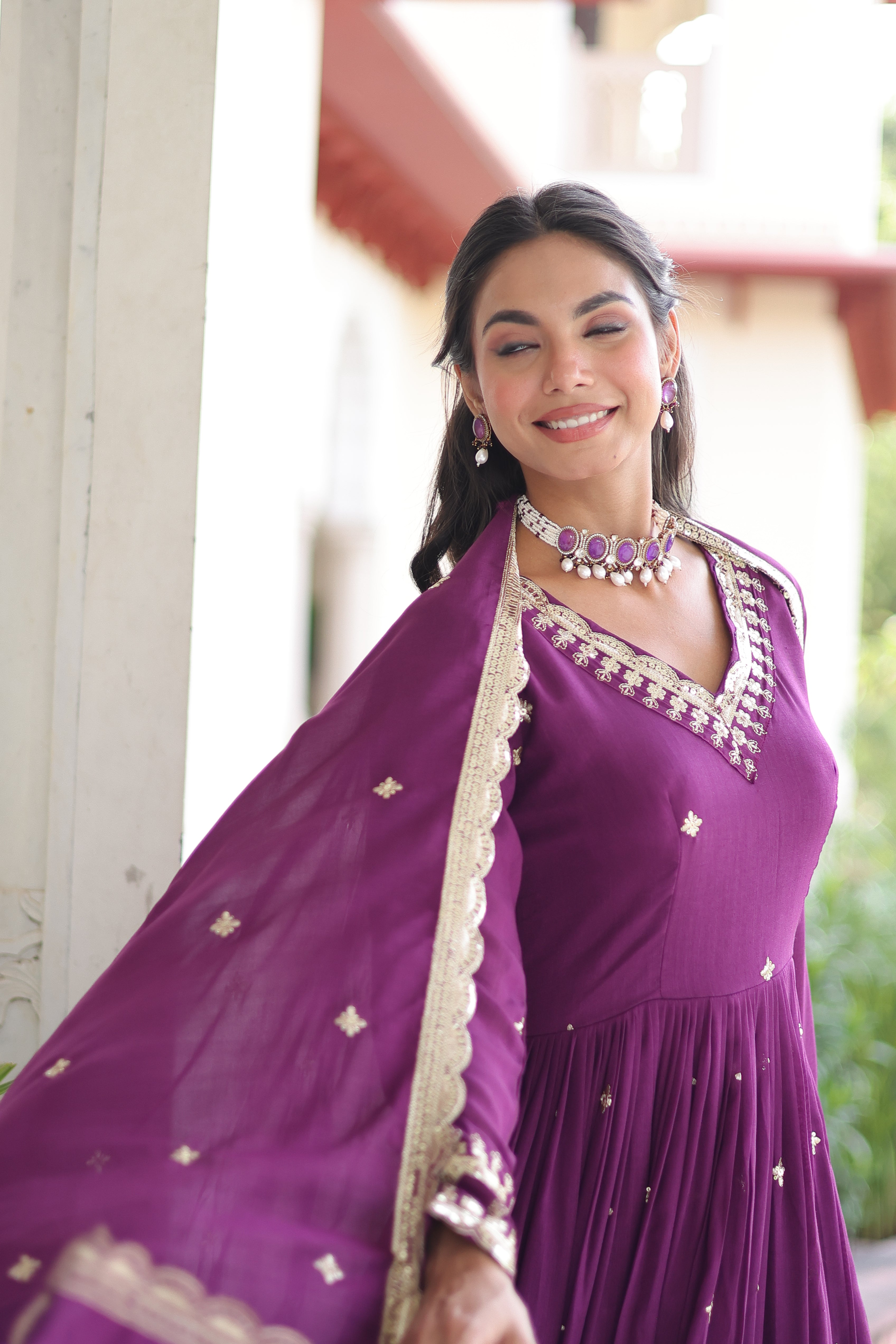 Tisara Purple Color Vichitra Silk Rich Sequins Embroidered Work Gown with Dupatta