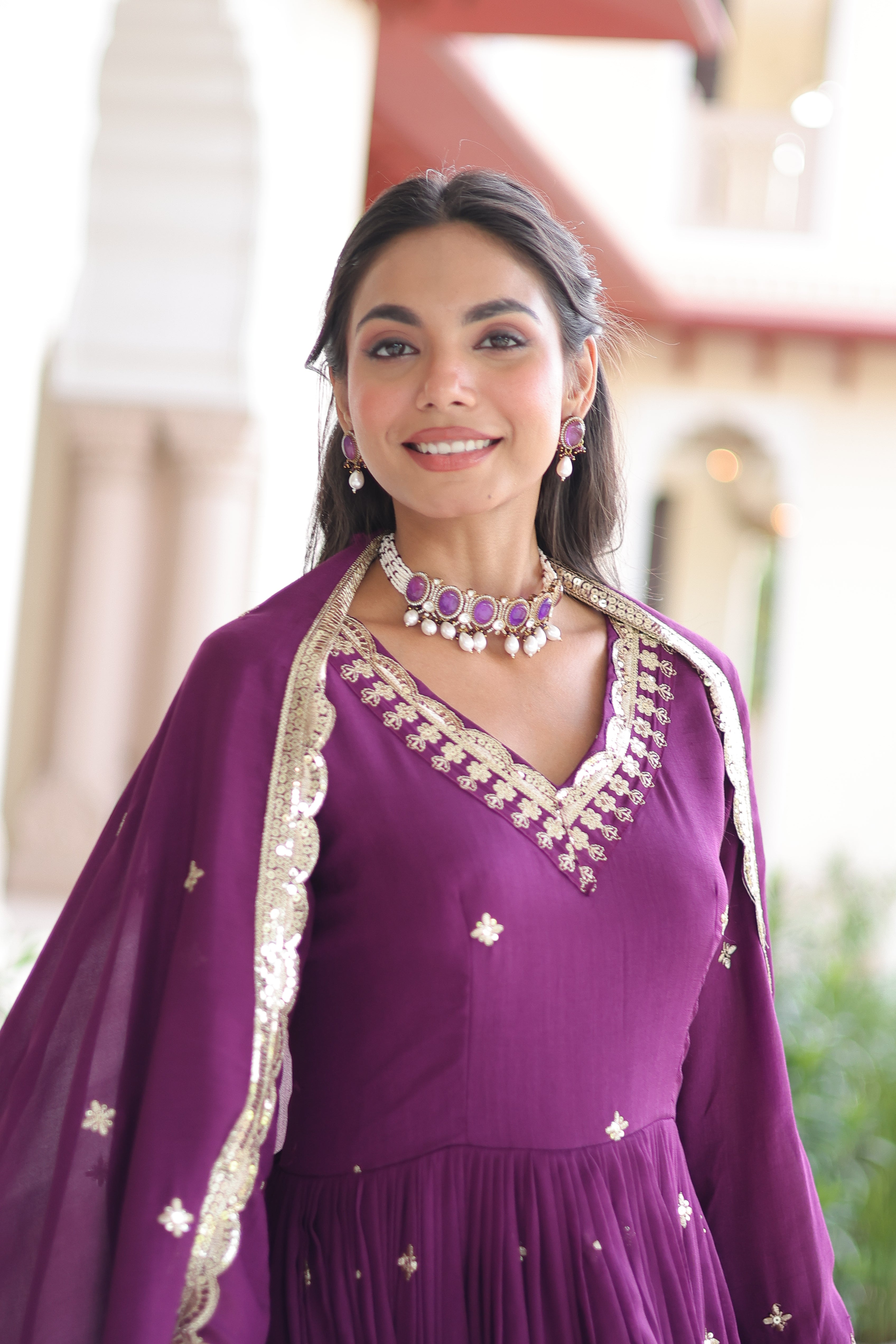 Tisara Purple Color Vichitra Silk Rich Sequins Embroidered Work Gown with Dupatta