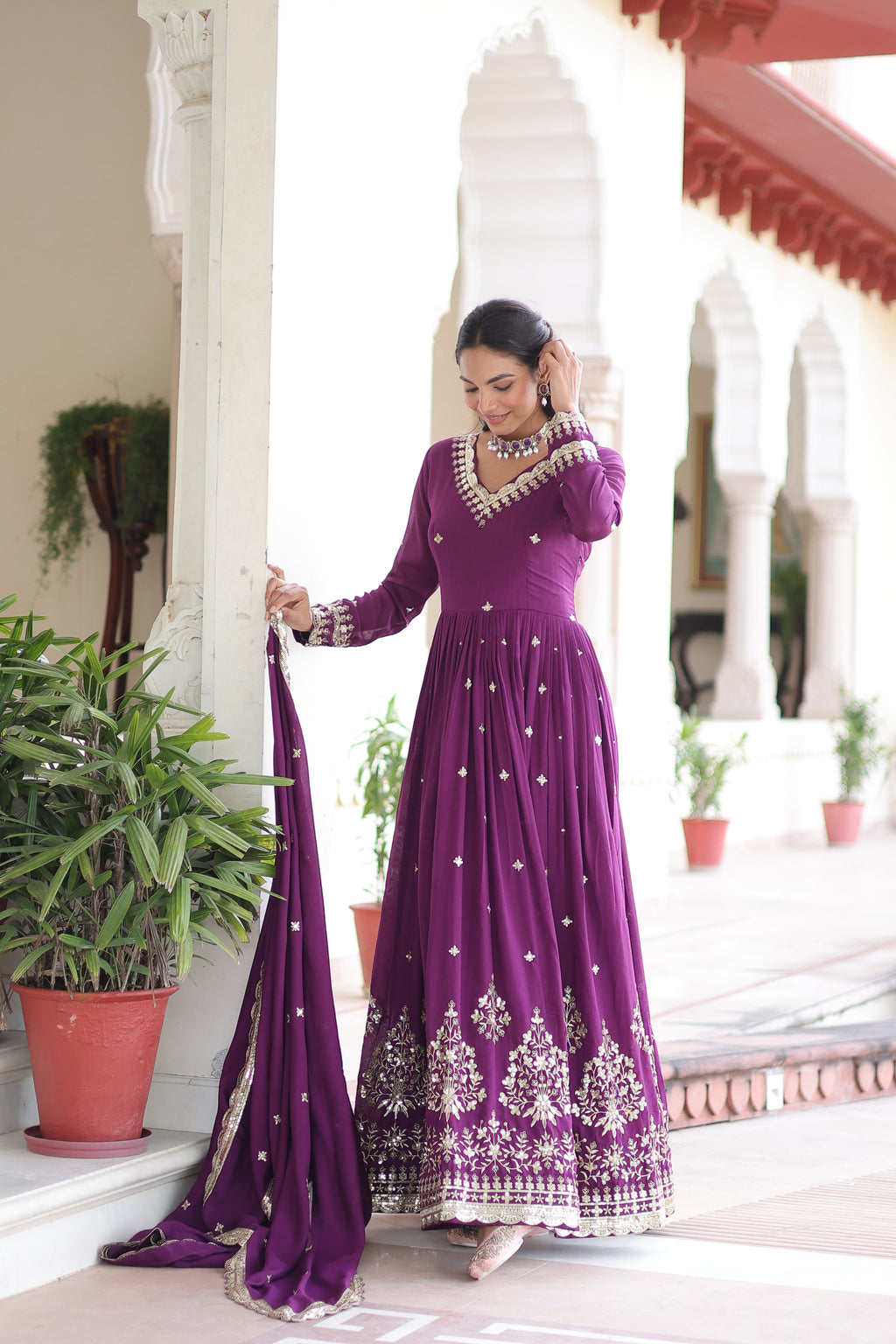 Tisara Purple Color Vichitra Silk Rich Sequins Embroidered Work Gown with Dupatta