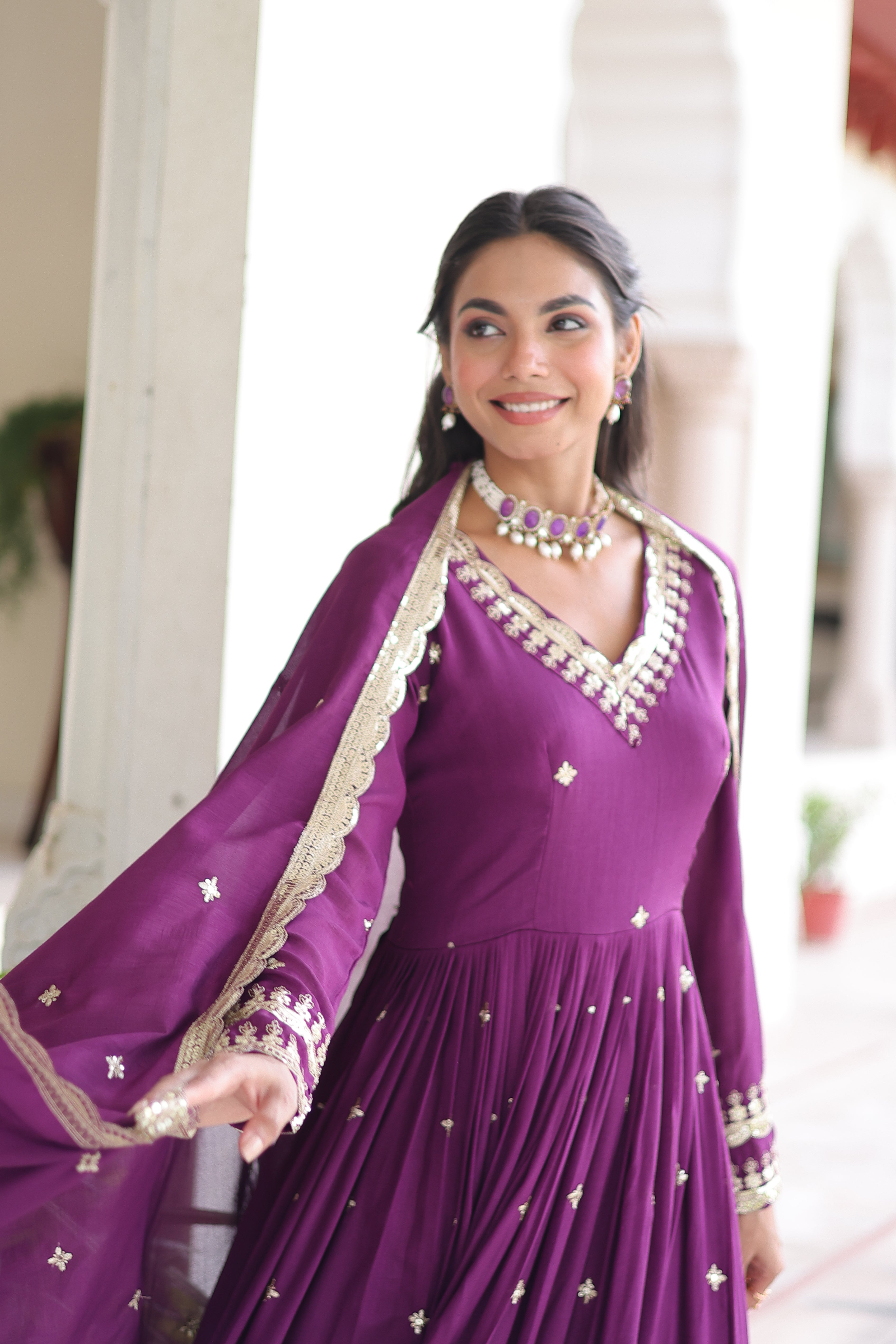Tisara Purple Color Vichitra Silk Rich Sequins Embroidered Work Gown with Dupatta