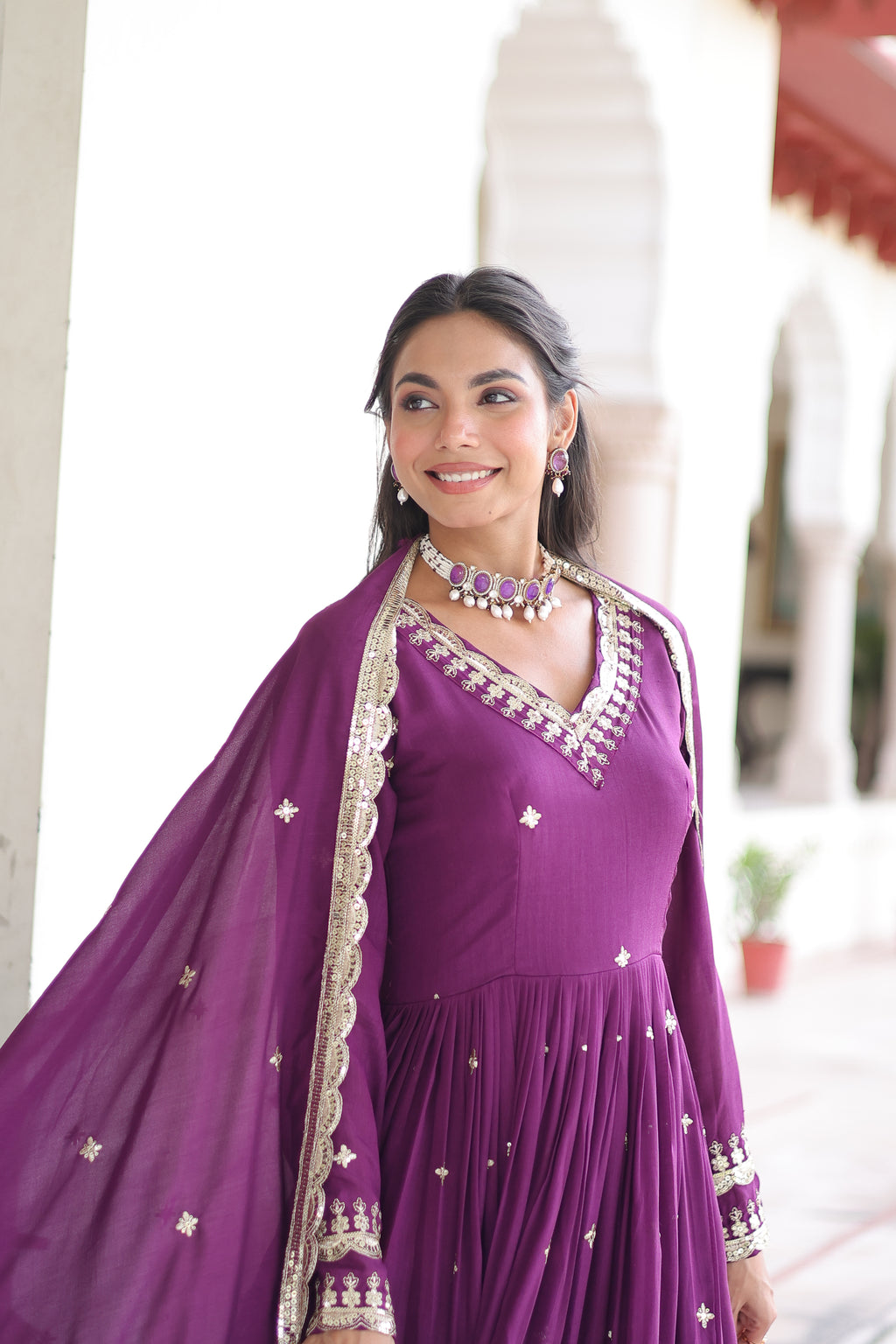 Tisara Purple Color Vichitra Silk Rich Sequins Embroidered Work Gown with Dupatta