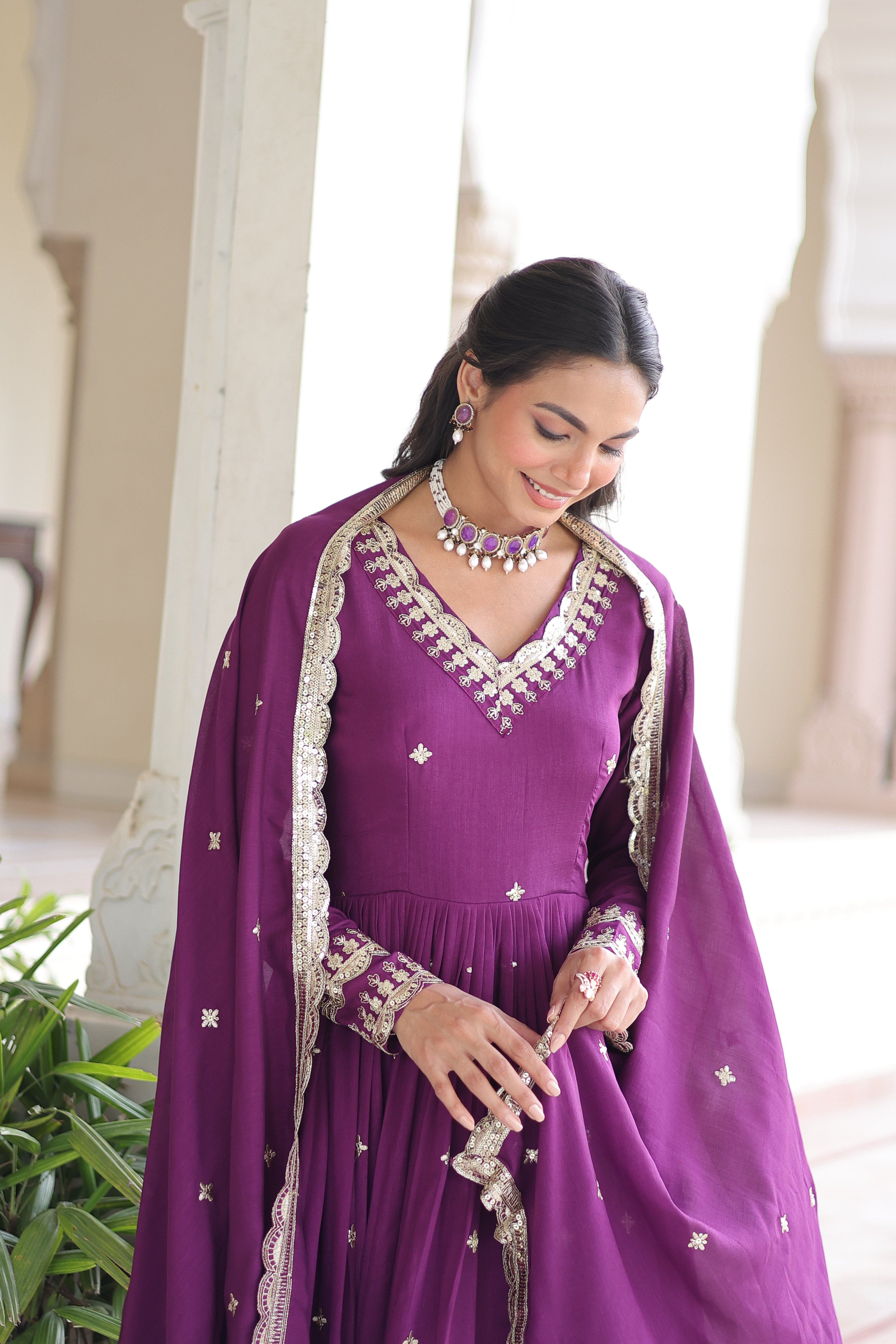Tisara Purple Color Vichitra Silk Rich Sequins Embroidered Work Gown with Dupatta