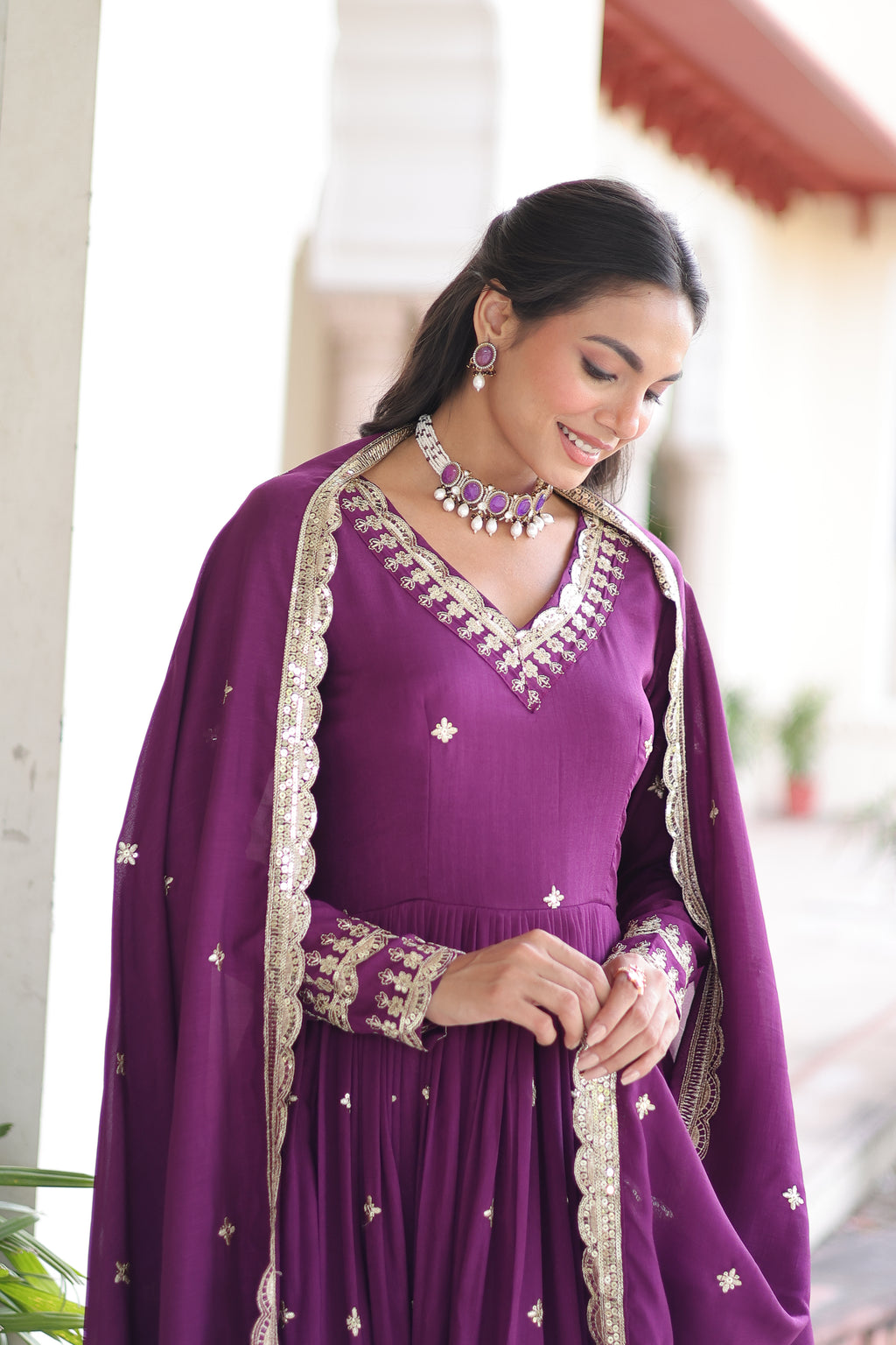 Tisara Purple Color Vichitra Silk Rich Sequins Embroidered Work Gown with Dupatta
