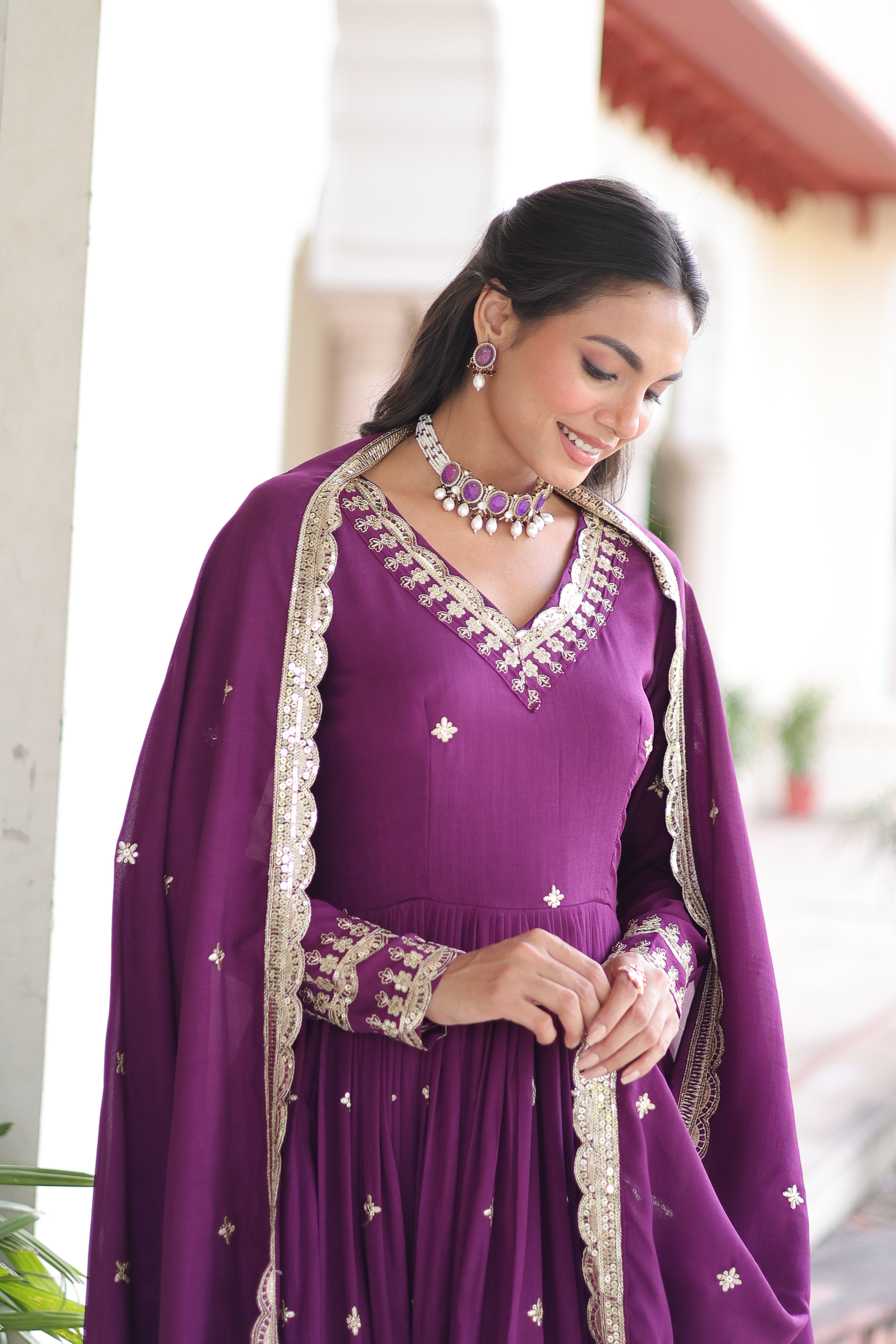 Tisara Purple Color Vichitra Silk Rich Sequins Embroidered Work Gown with Dupatta