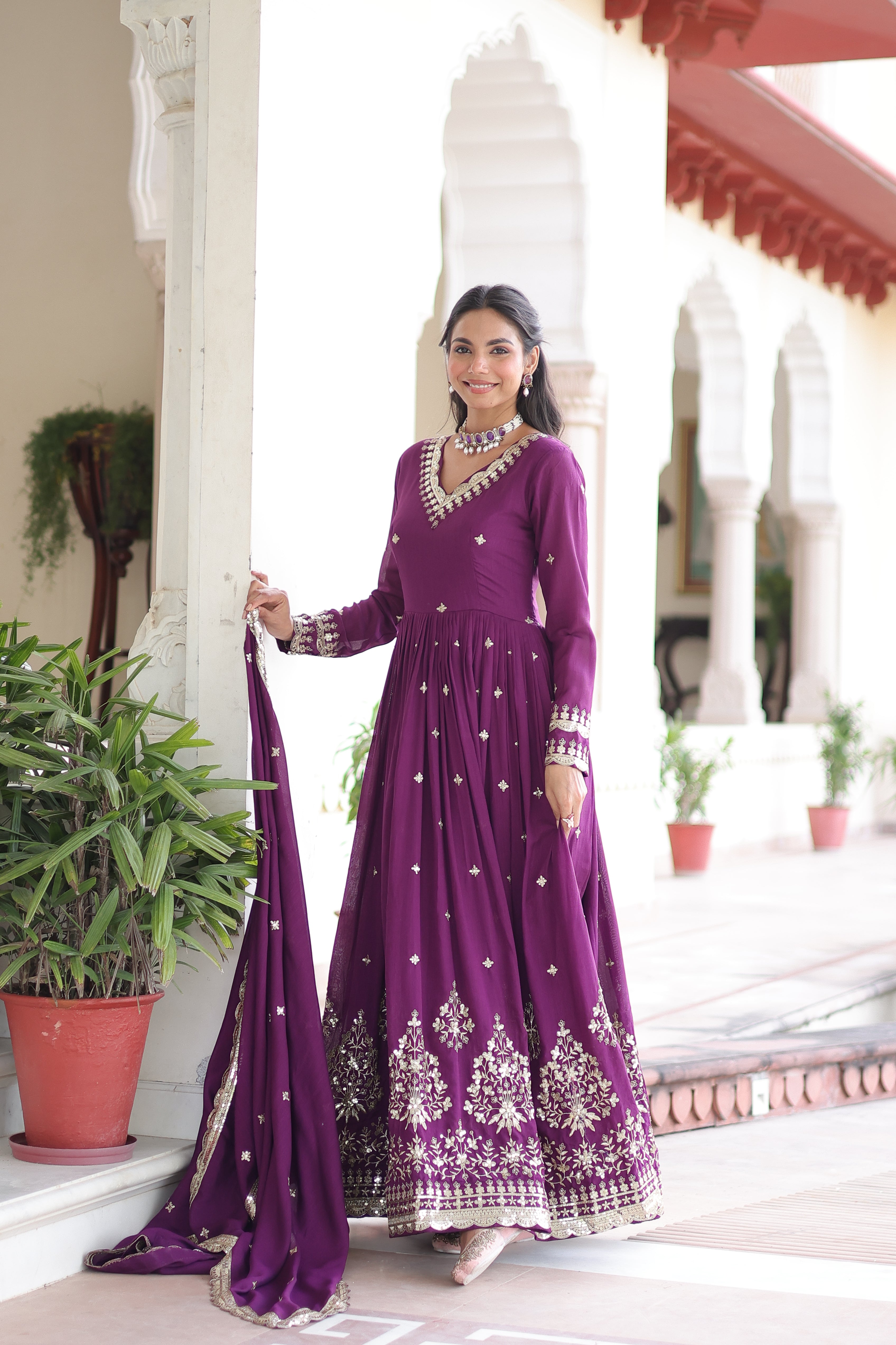 Tisara Purple Color Vichitra Silk Rich Sequins Embroidered Work Gown with Dupatta