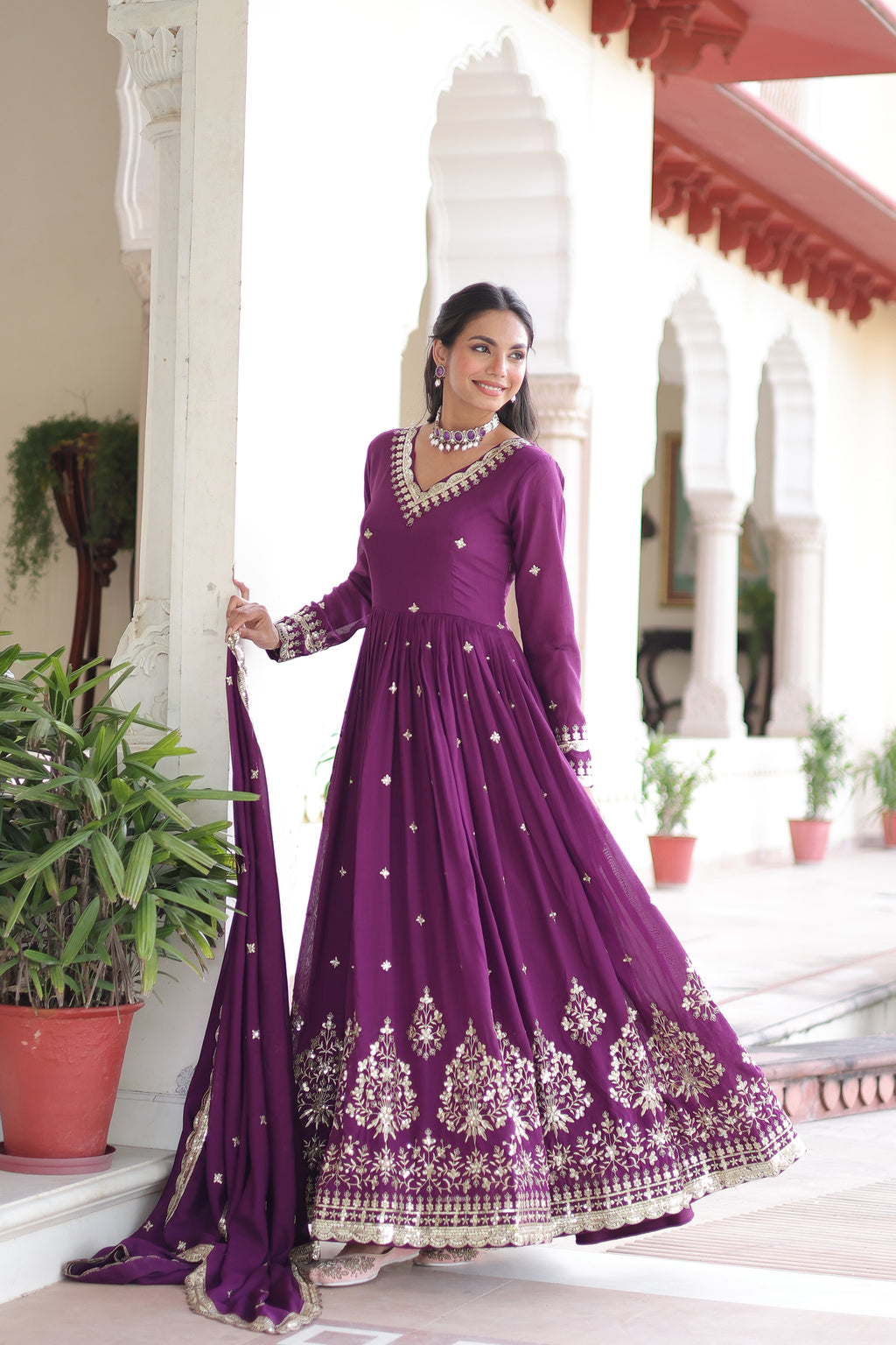 Tisara Purple Color Vichitra Silk Rich Sequins Embroidered Work Gown with Dupatta