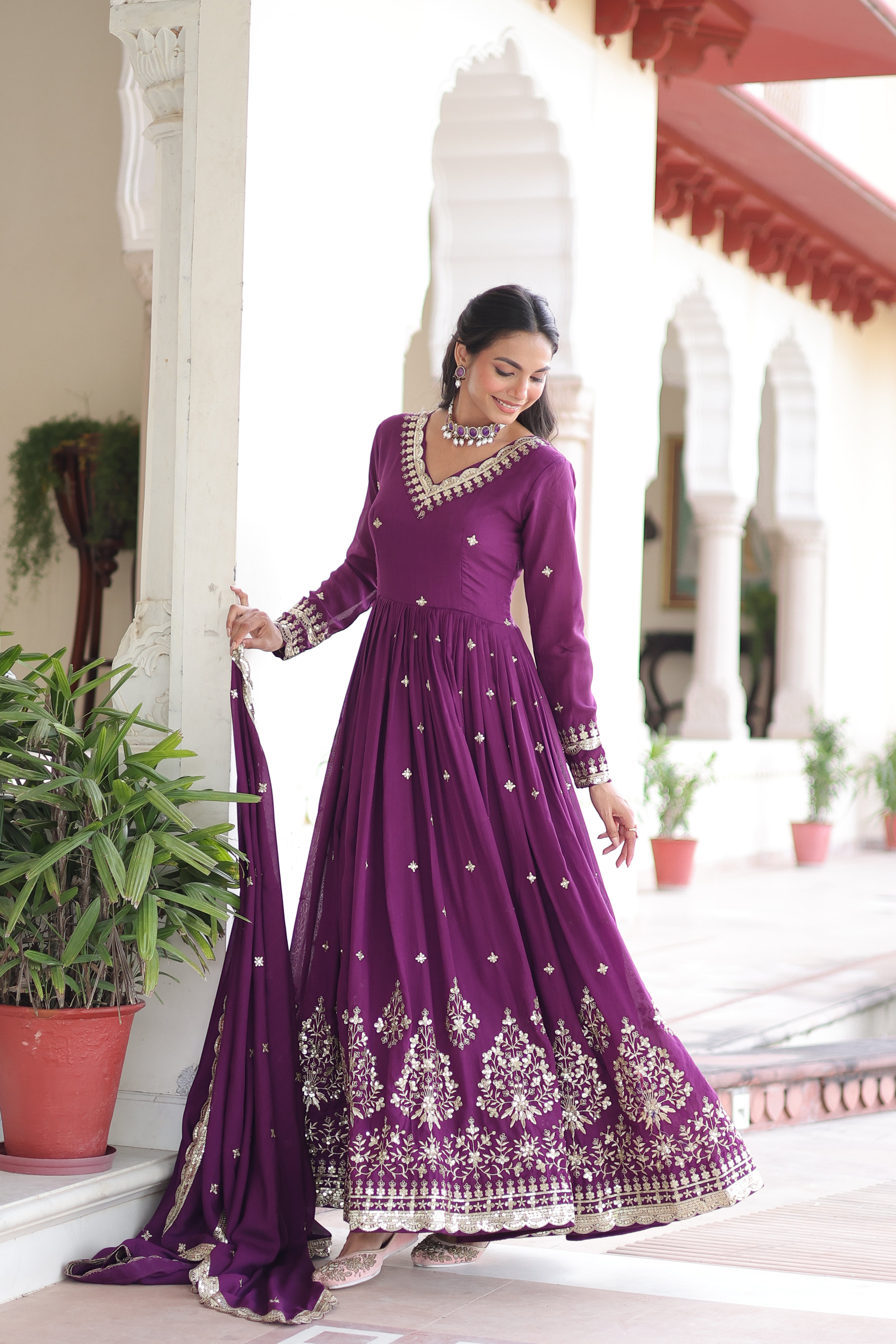 Tisara Purple Color Vichitra Silk Rich Sequins Embroidered Work Gown with Dupatta