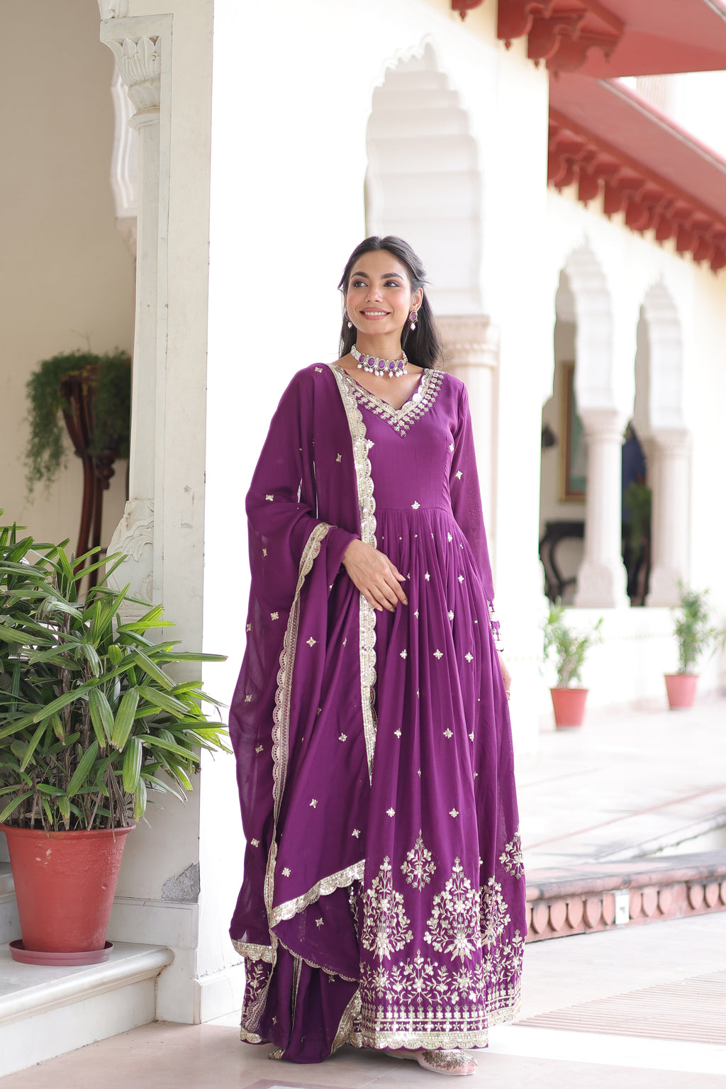 Tisara Purple Color Vichitra Silk Rich Sequins Embroidered Work Gown with Dupatta