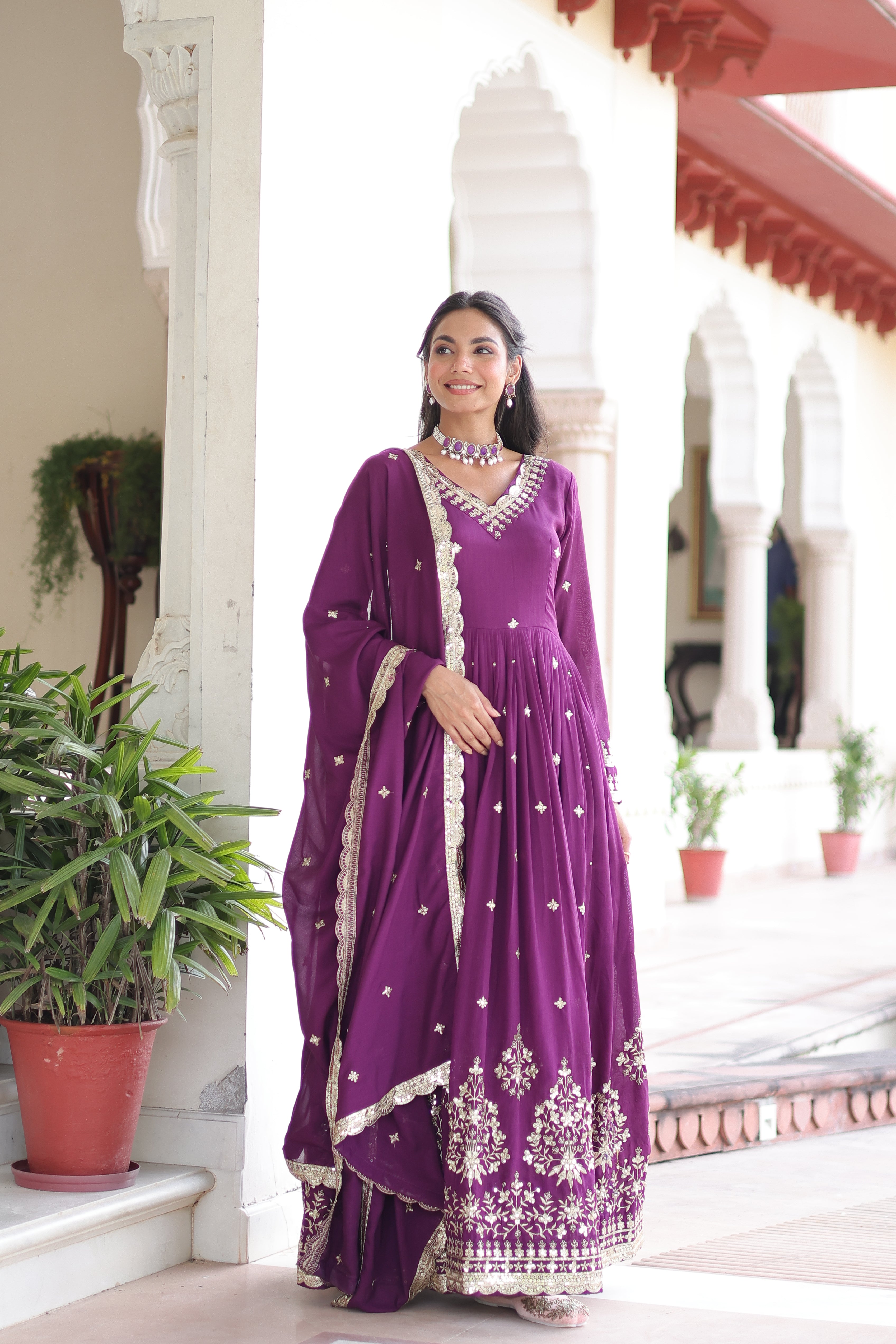 Tisara Purple Color Vichitra Silk Rich Sequins Embroidered Work Gown with Dupatta