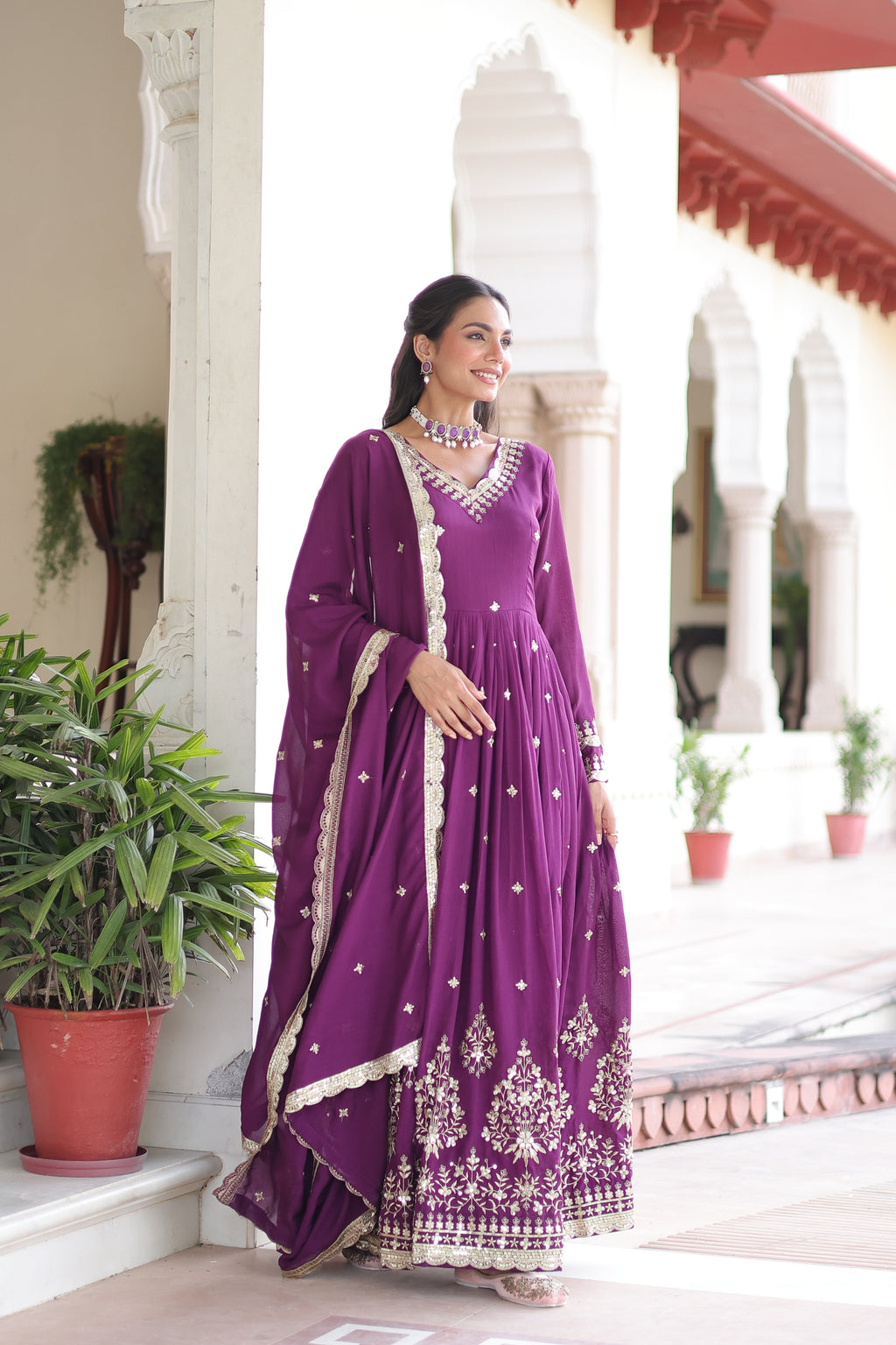 Tisara Purple Color Vichitra Silk Rich Sequins Embroidered Work Gown with Dupatta
