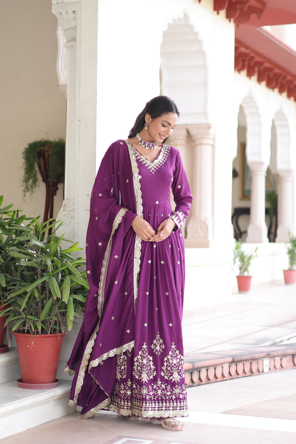 Tisara Purple Color Vichitra Silk Rich Sequins Embroidered Work Gown with Dupatta