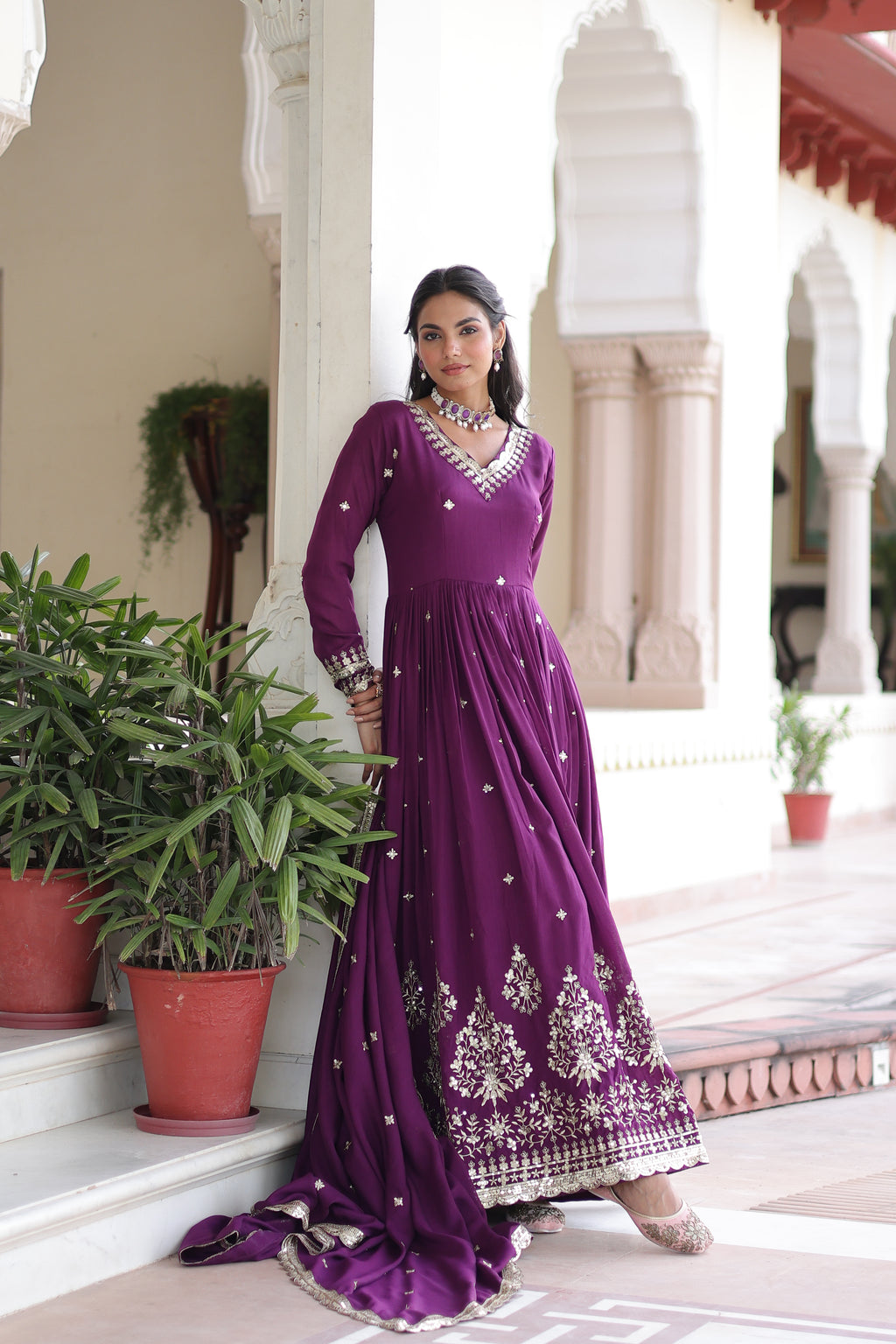 Tisara Purple Color Vichitra Silk Rich Sequins Embroidered Work Gown with Dupatta