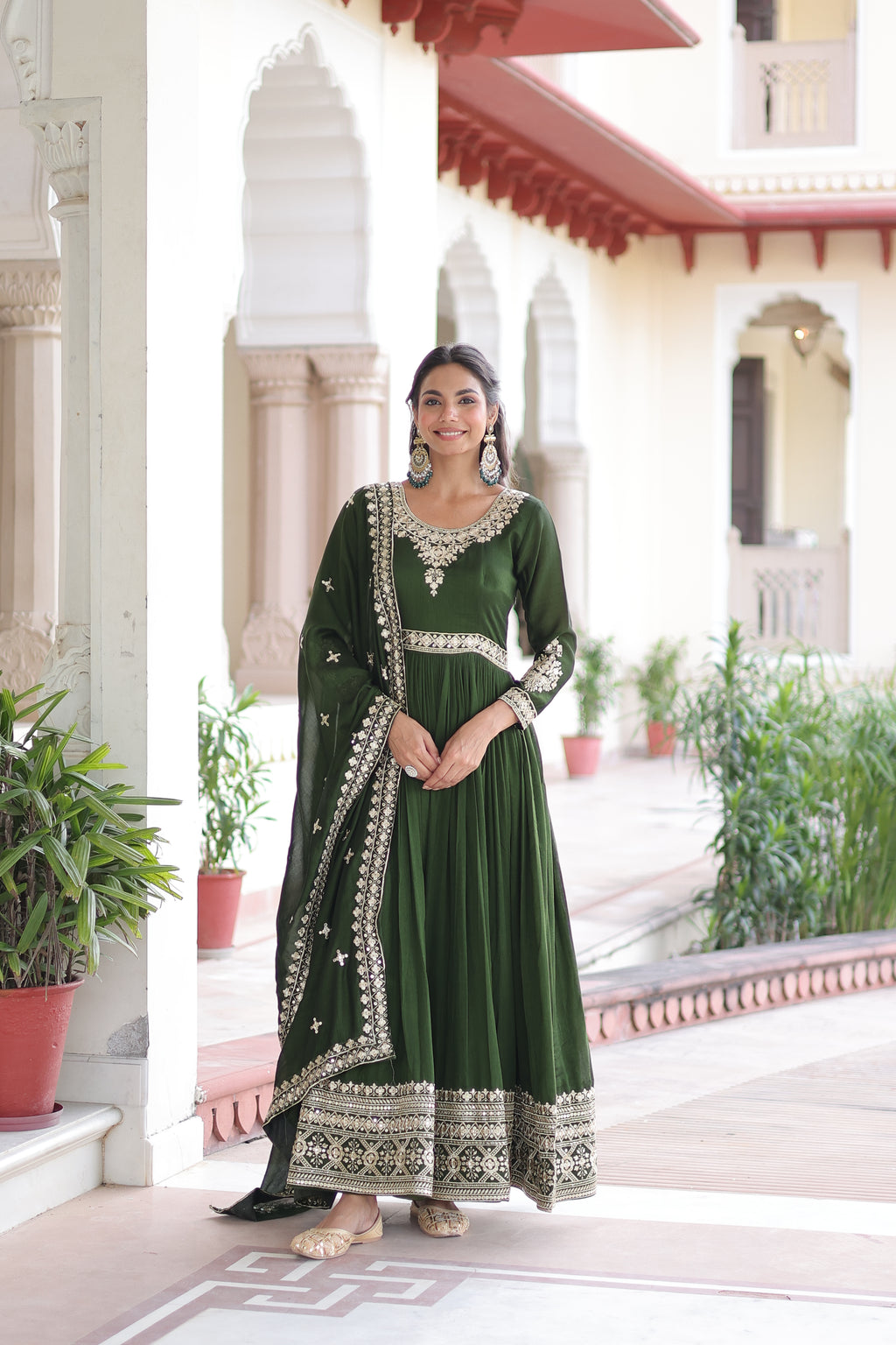 Ruvani Green Color Vichitra Silk Rich Sequins Embroidered Work Gown with Dupatta