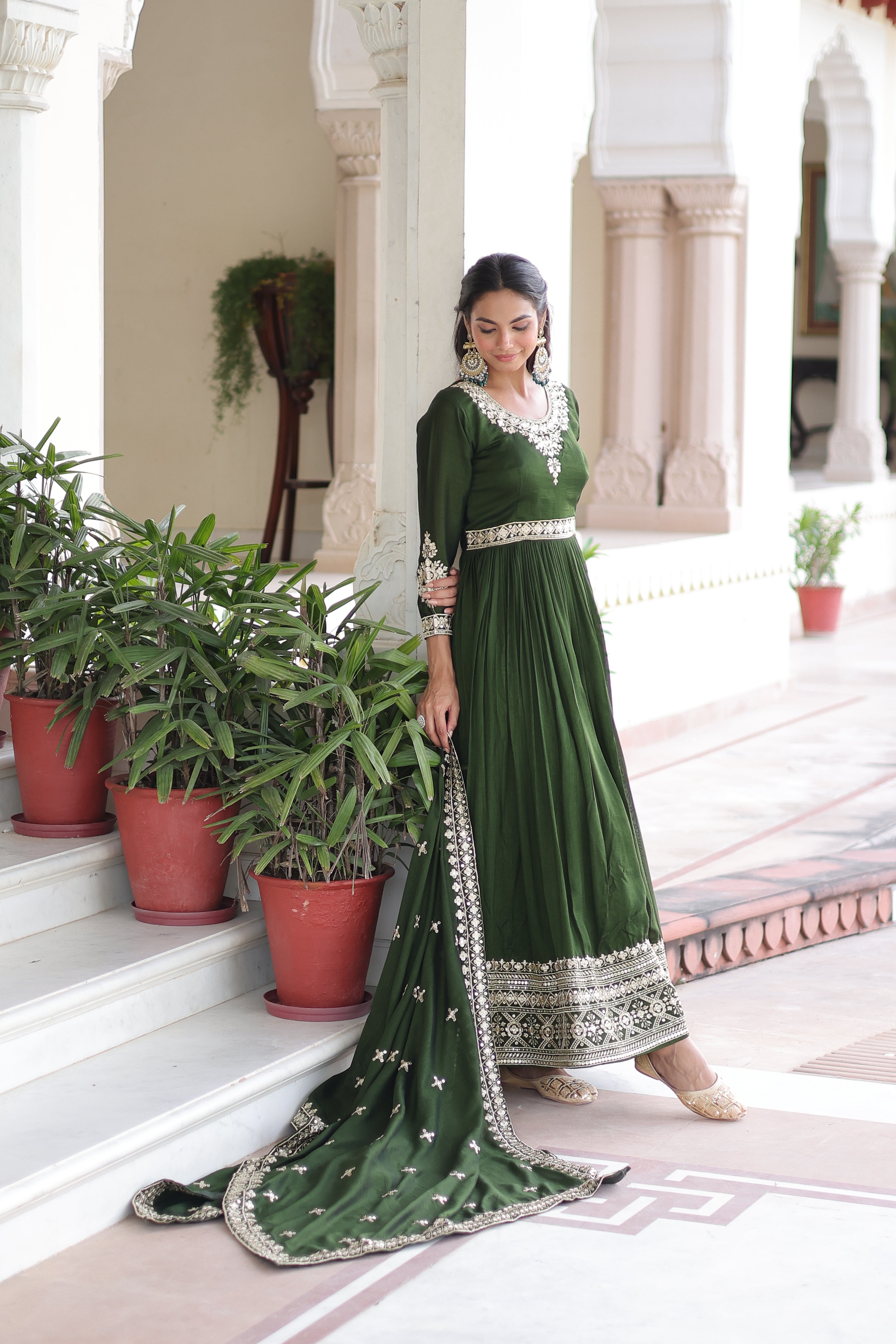 Ruvani Green Color Vichitra Silk Rich Sequins Embroidered Work Gown with Dupatta