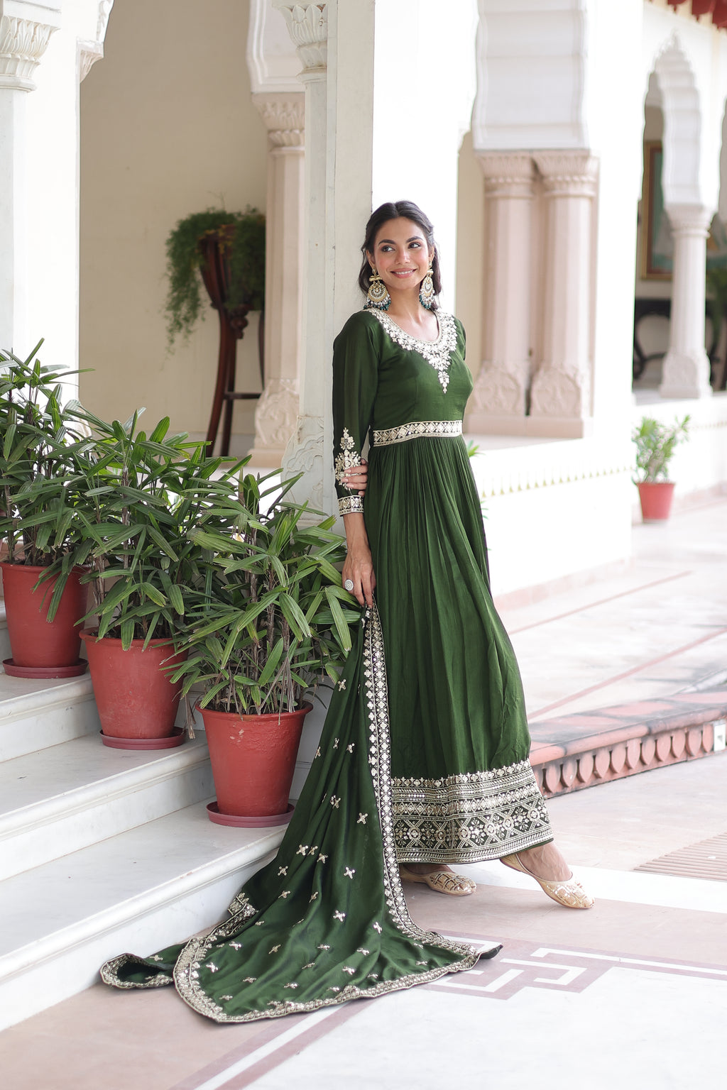 Ruvani Green Color Vichitra Silk Rich Sequins Embroidered Work Gown with Dupatta