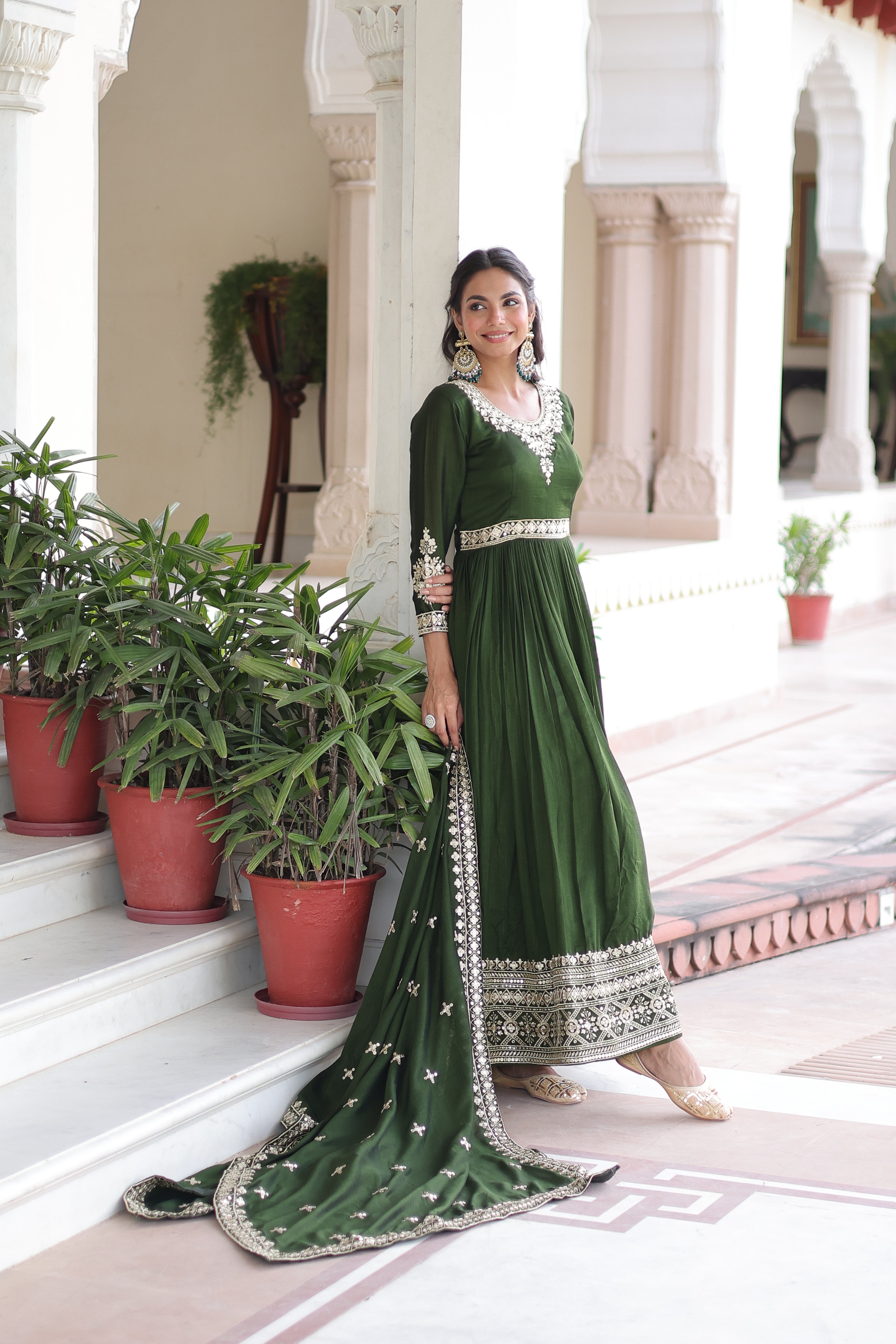Ruvani Green Color Vichitra Silk Rich Sequins Embroidered Work Gown with Dupatta