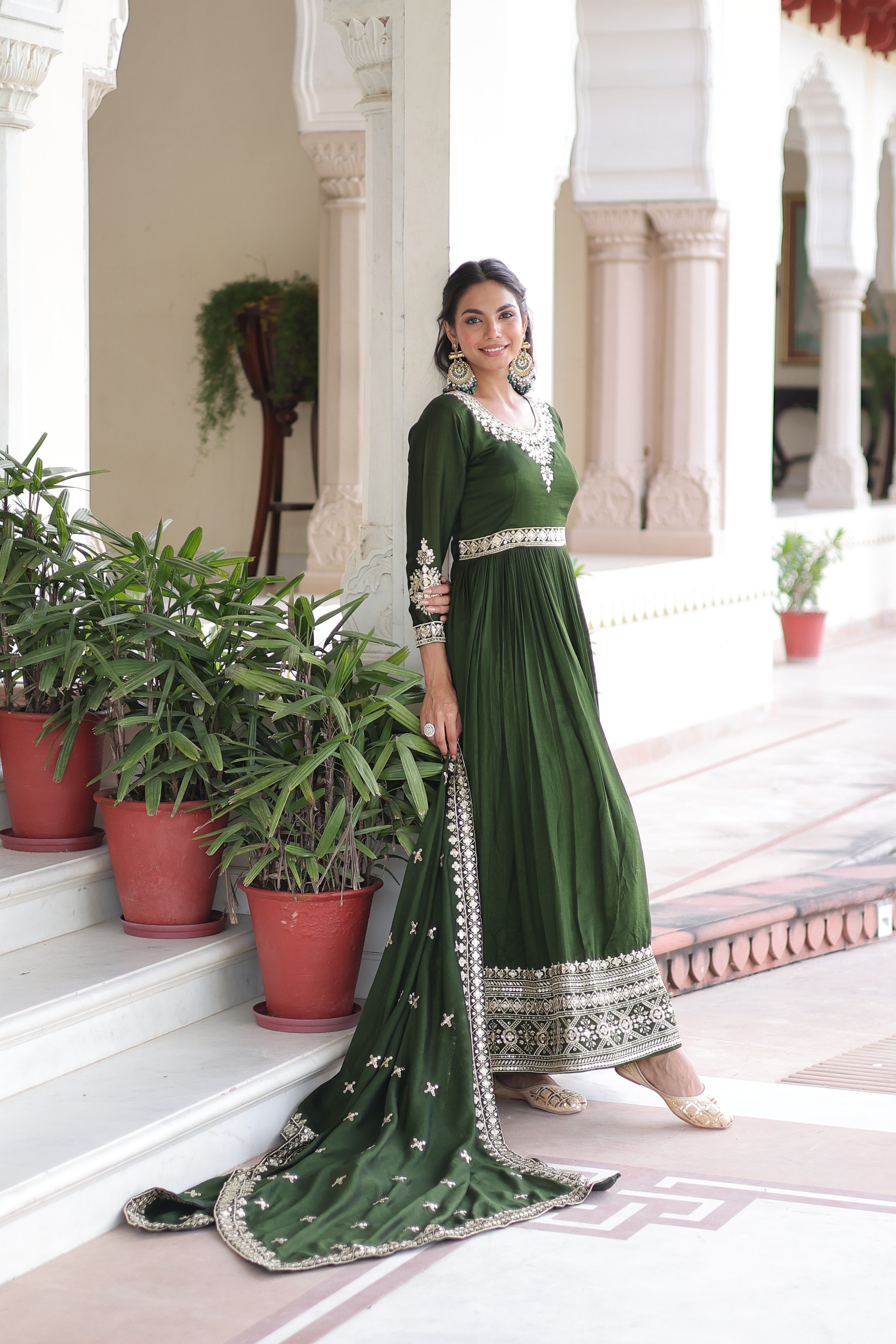 Ruvani Green Color Vichitra Silk Rich Sequins Embroidered Work Gown with Dupatta