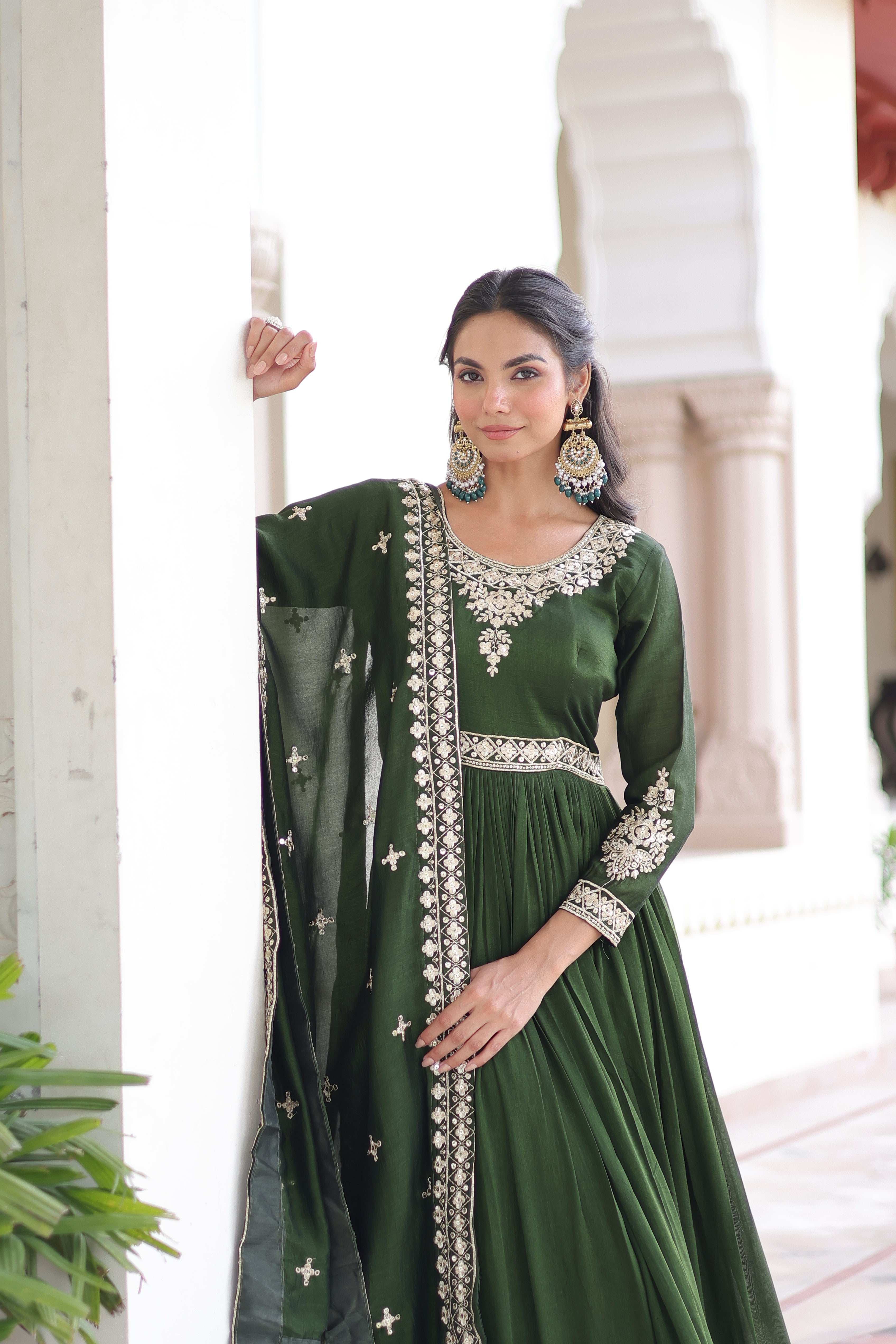 Ruvani Green Color Vichitra Silk Rich Sequins Embroidered Work Gown with Dupatta