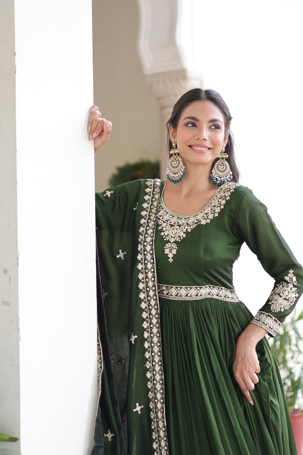 Ruvani Green Color Vichitra Silk Rich Sequins Embroidered Work Gown with Dupatta