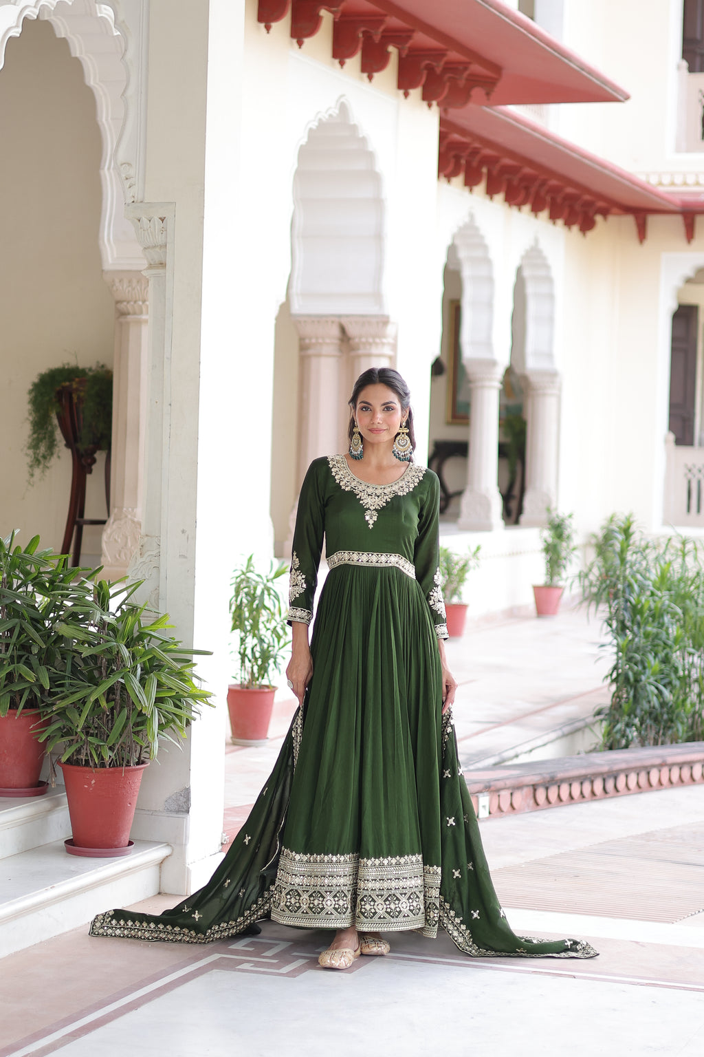 Ruvani Green Color Vichitra Silk Rich Sequins Embroidered Work Gown with Dupatta