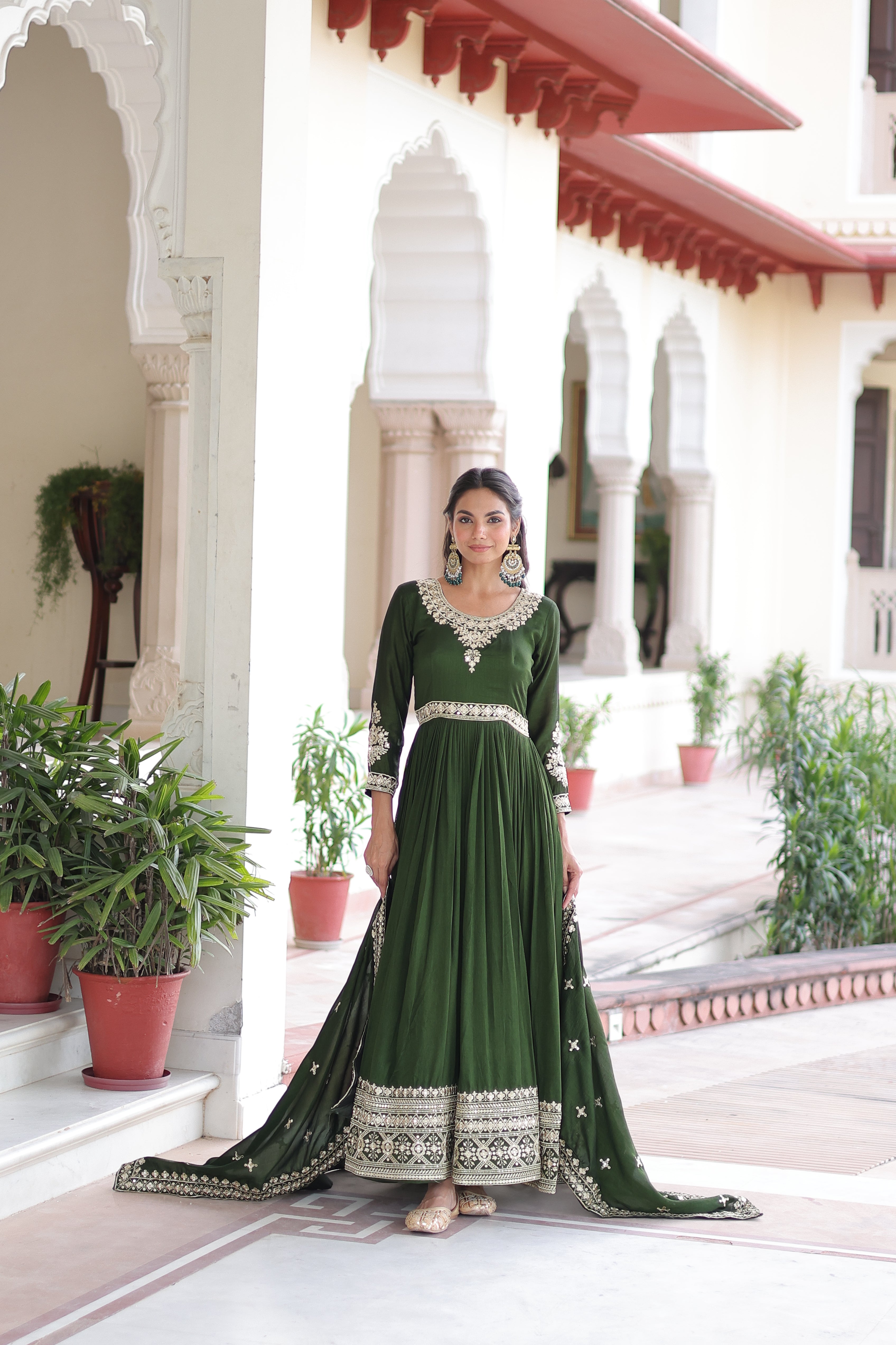 Ruvani Green Color Vichitra Silk Rich Sequins Embroidered Work Gown with Dupatta
