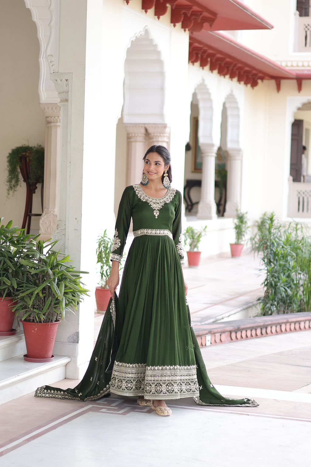 Ruvani Green Color Vichitra Silk Rich Sequins Embroidered Work Gown with Dupatta