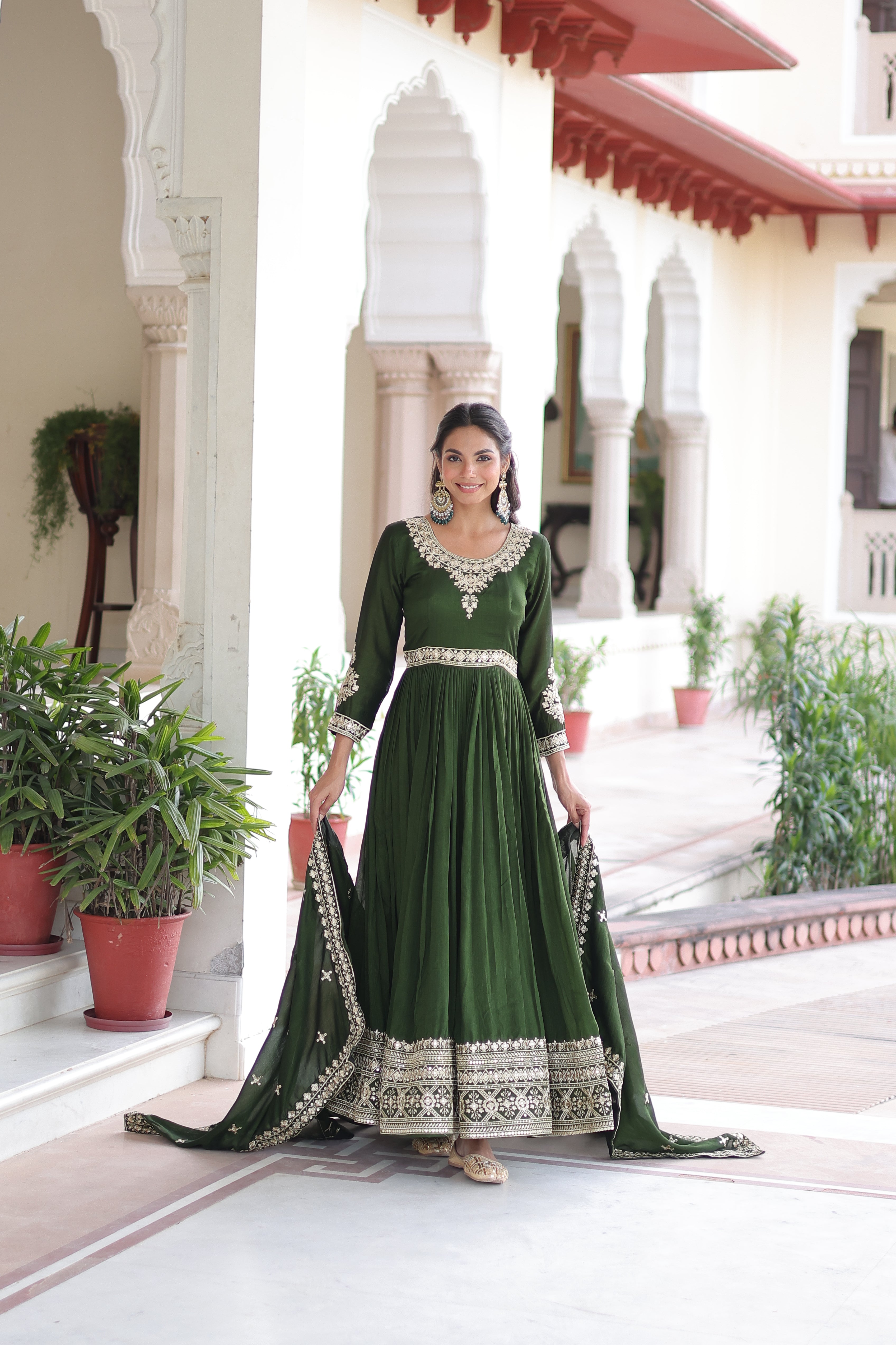 Ruvani Green Color Vichitra Silk Rich Sequins Embroidered Work Gown with Dupatta
