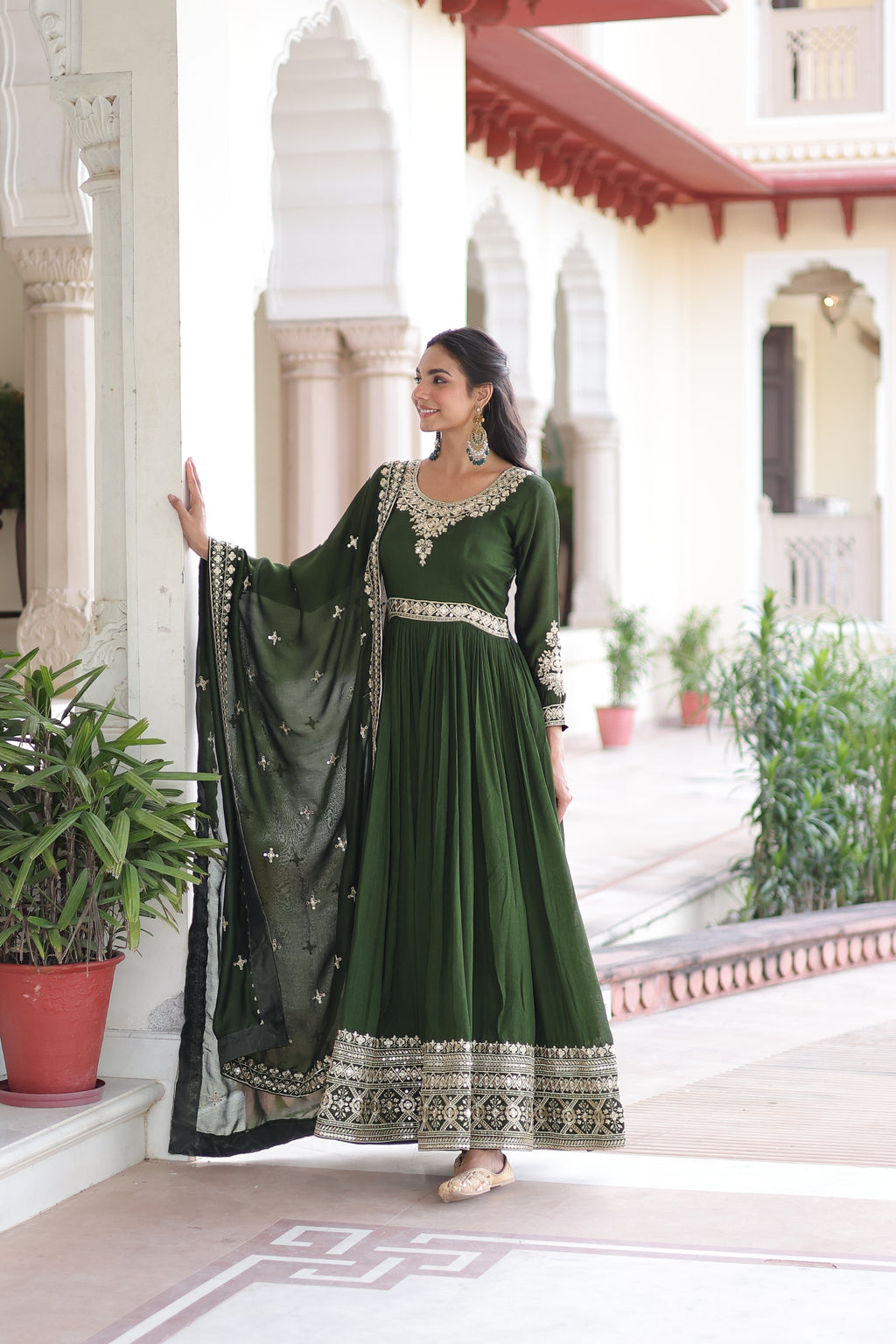 Ruvani Green Color Vichitra Silk Rich Sequins Embroidered Work Gown with Dupatta