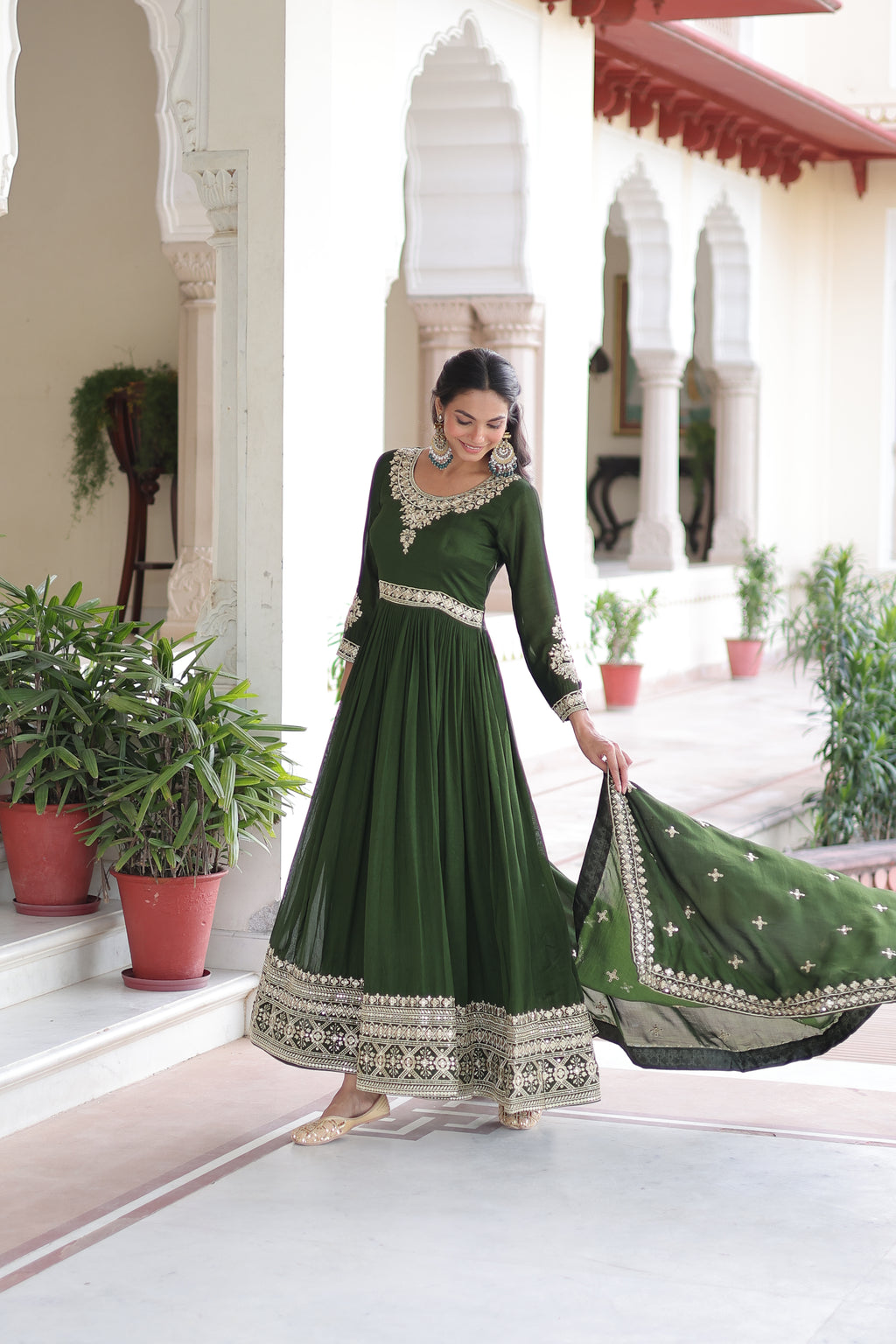 Ruvani Green Color Vichitra Silk Rich Sequins Embroidered Work Gown with Dupatta