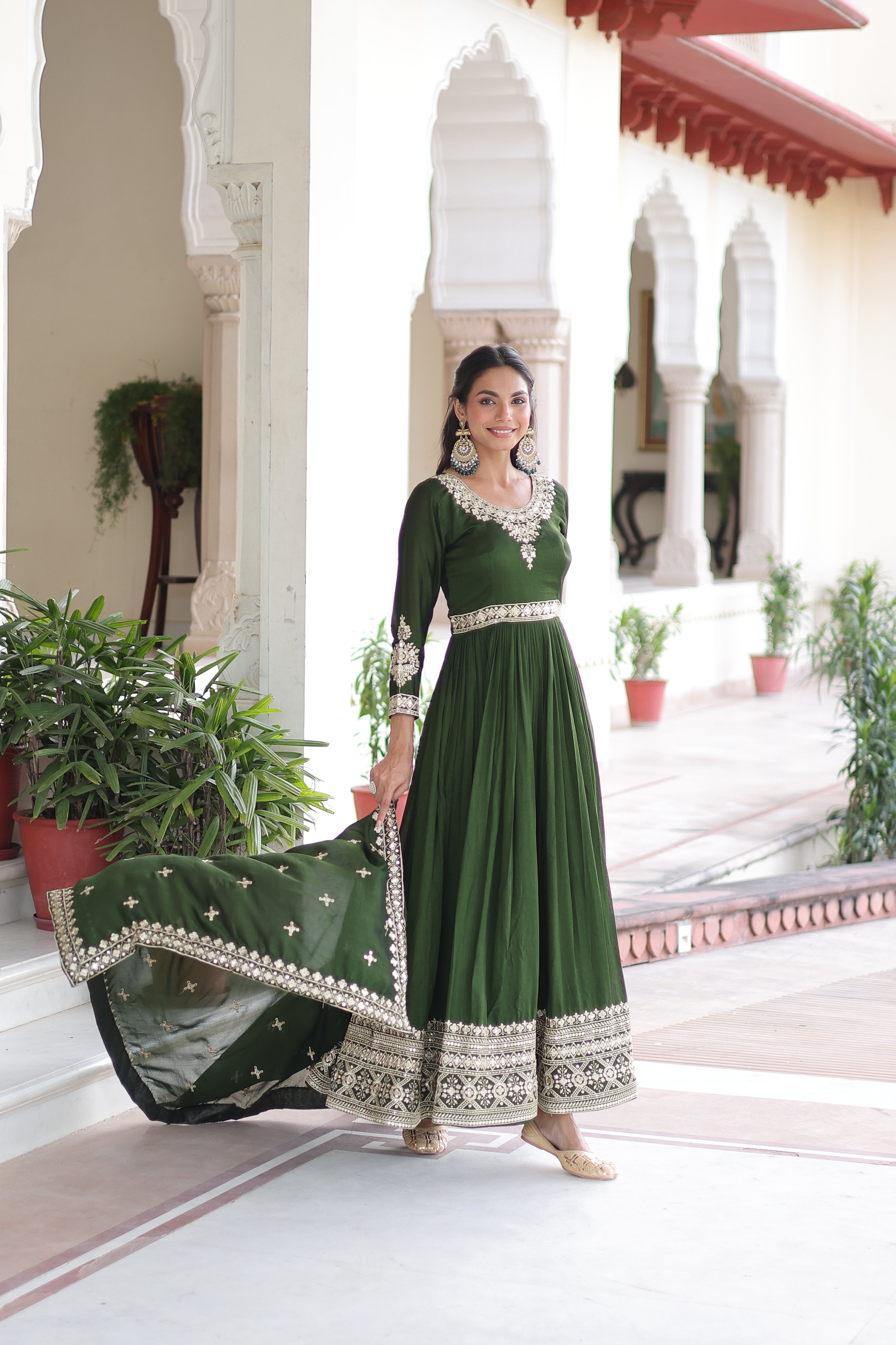 Ruvani Green Color Vichitra Silk Rich Sequins Embroidered Work Gown with Dupatta