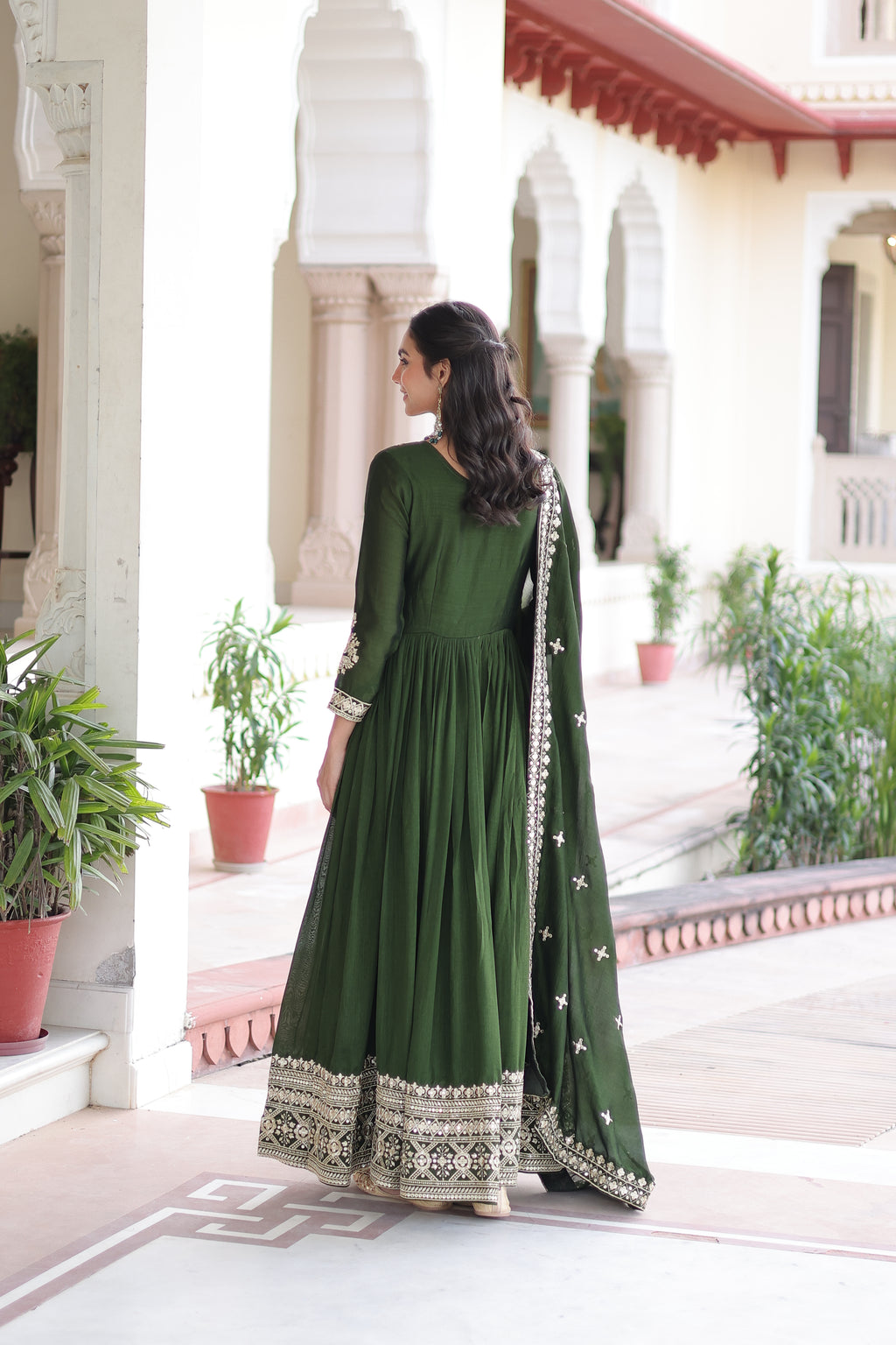 Ruvani Green Color Vichitra Silk Rich Sequins Embroidered Work Gown with Dupatta