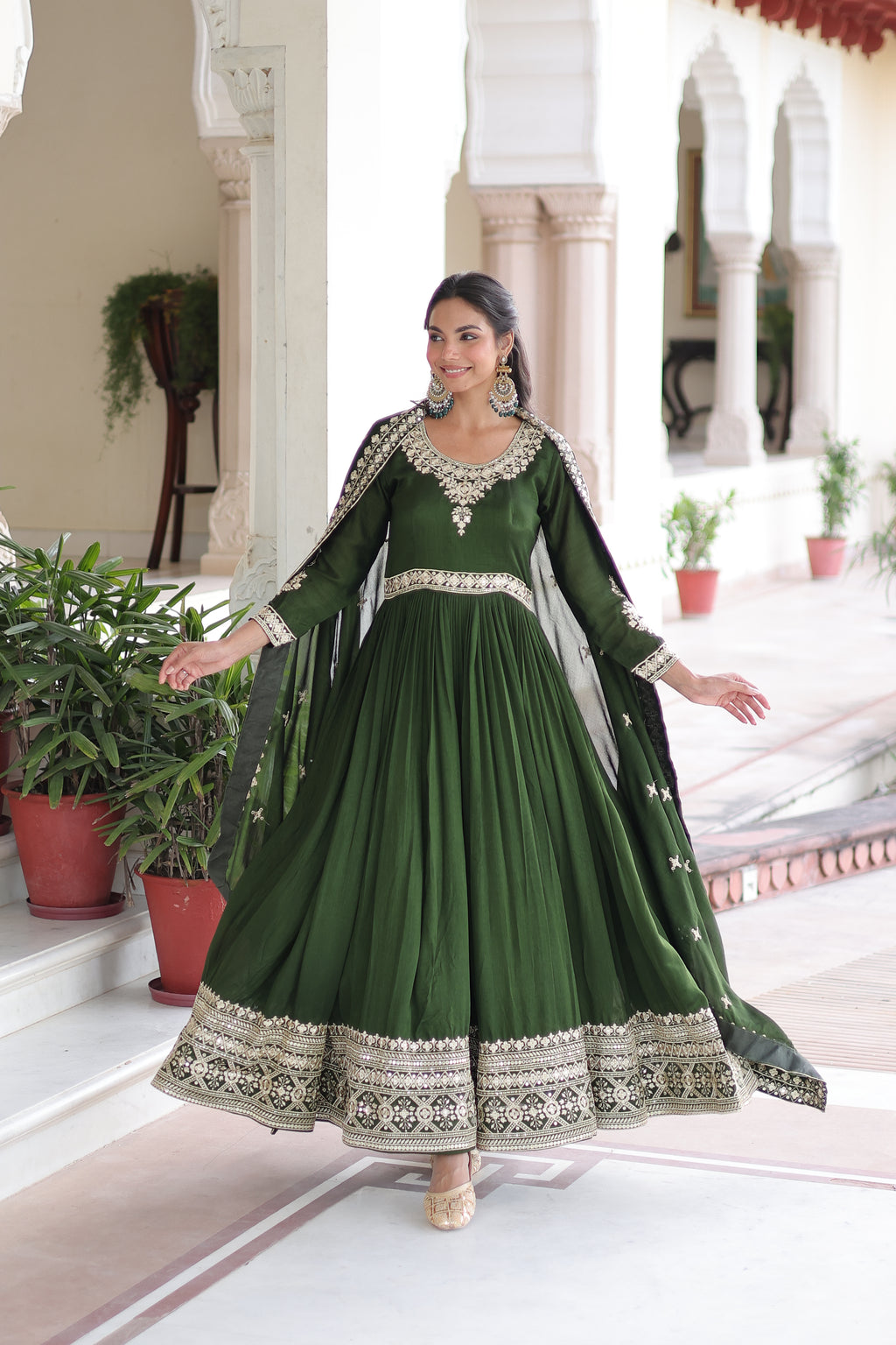 Ruvani Green Color Vichitra Silk Rich Sequins Embroidered Work Gown with Dupatta