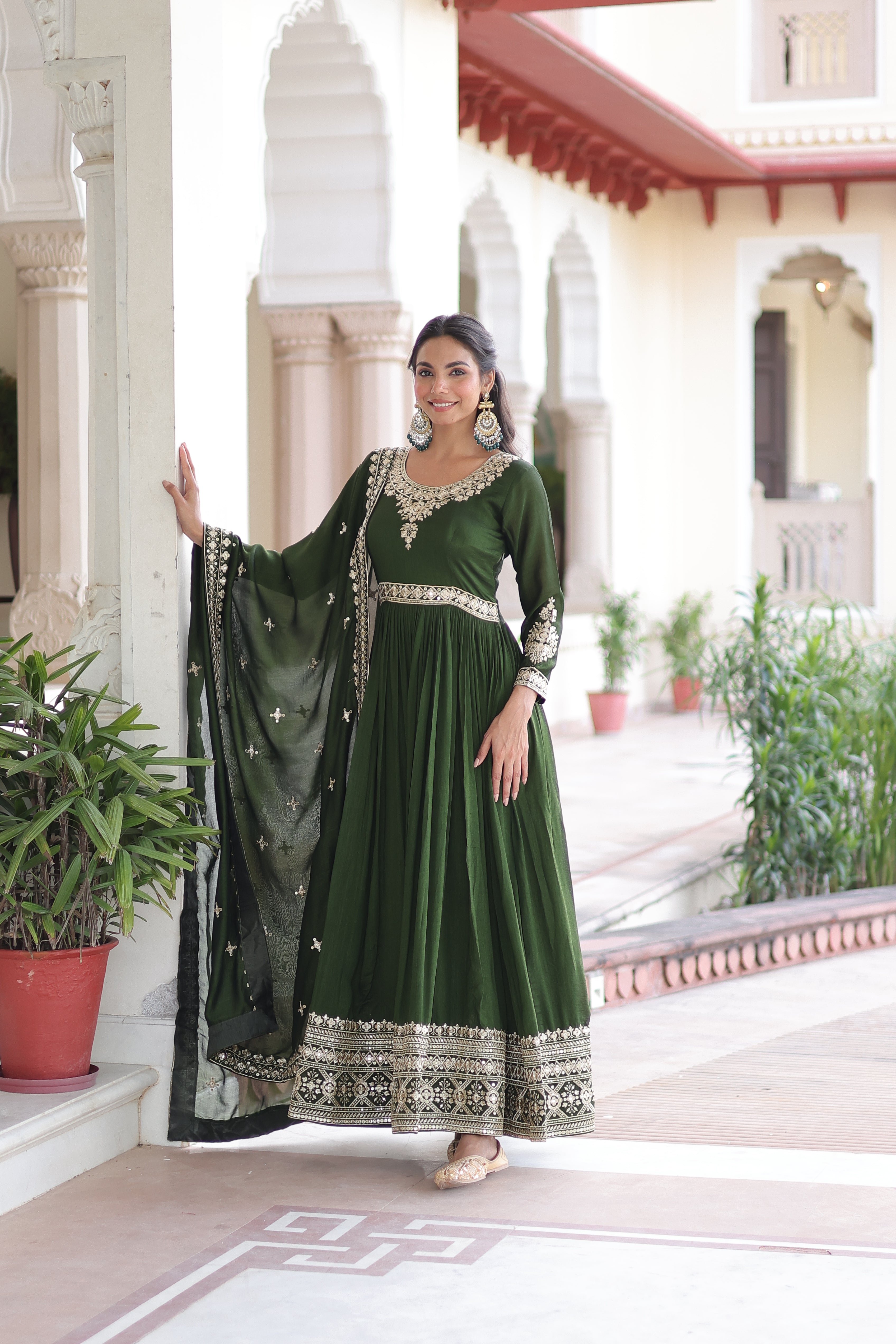 Ruvani Green Color Vichitra Silk Rich Sequins Embroidered Work Gown with Dupatta