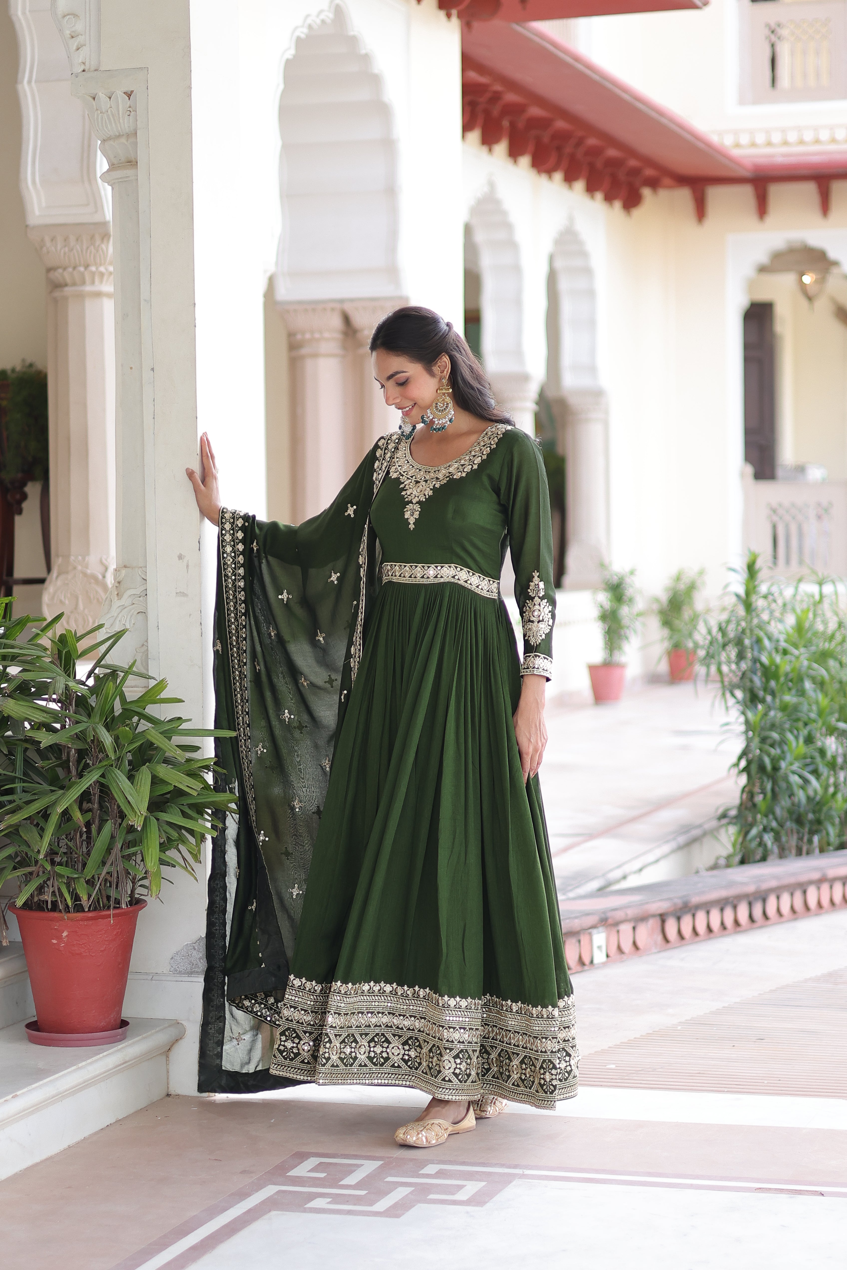 Ruvani Green Color Vichitra Silk Rich Sequins Embroidered Work Gown with Dupatta