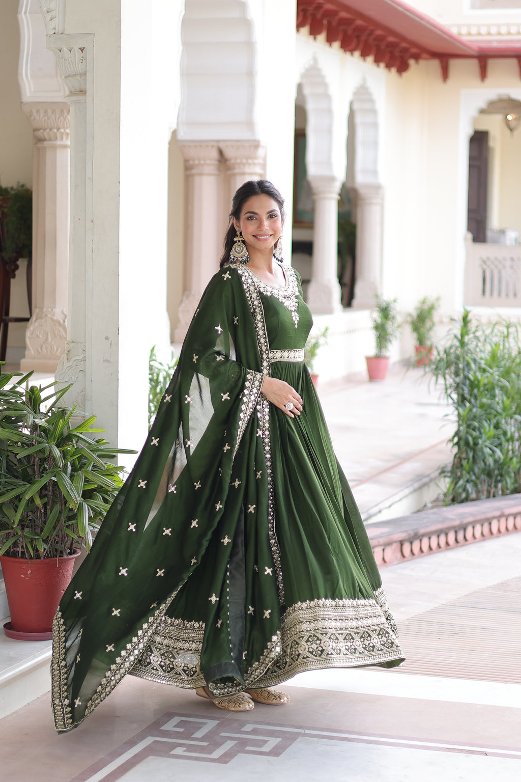 Ruvani Green Color Vichitra Silk Rich Sequins Embroidered Work Gown with Dupatta