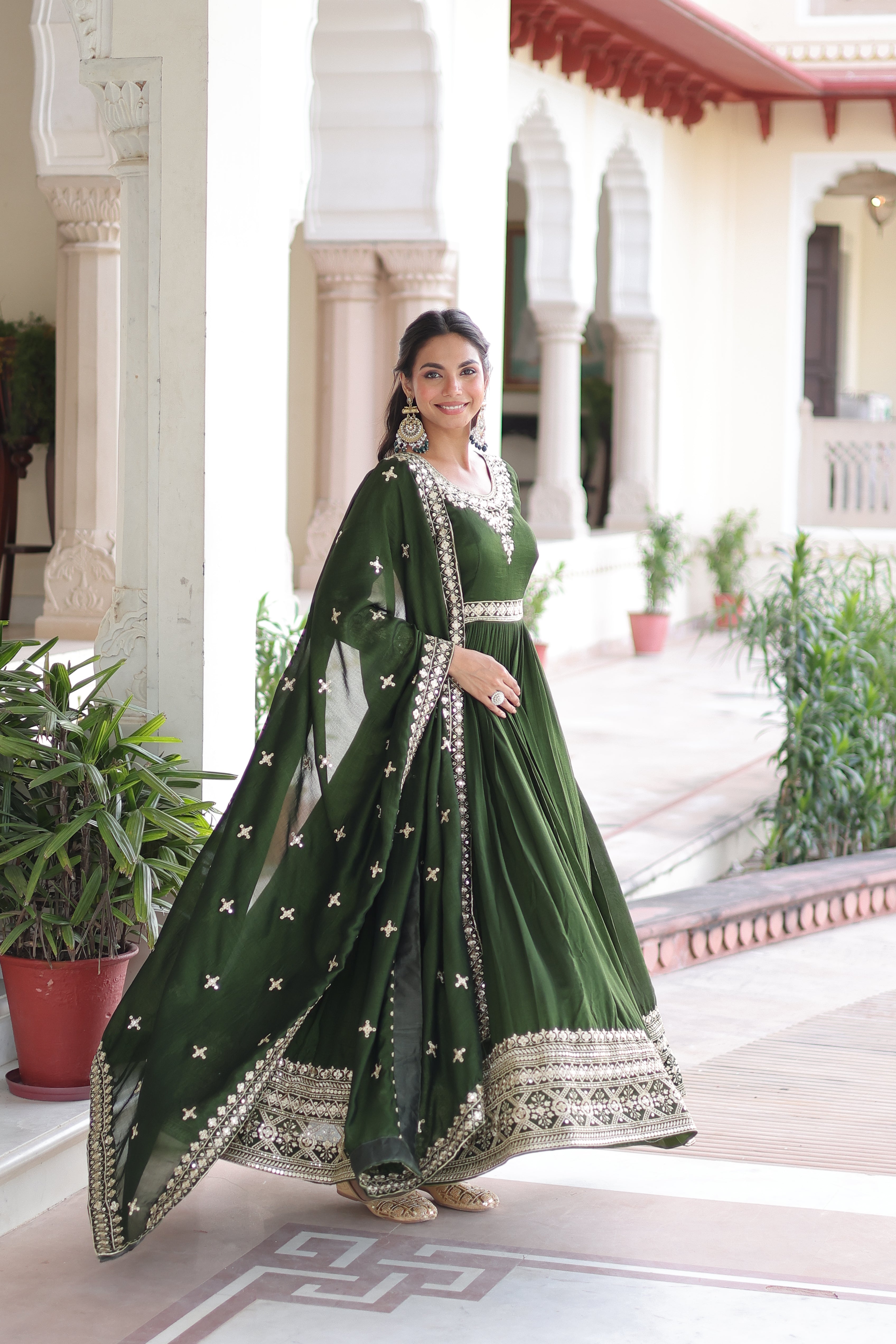 Ruvani Green Color Vichitra Silk Rich Sequins Embroidered Work Gown with Dupatta