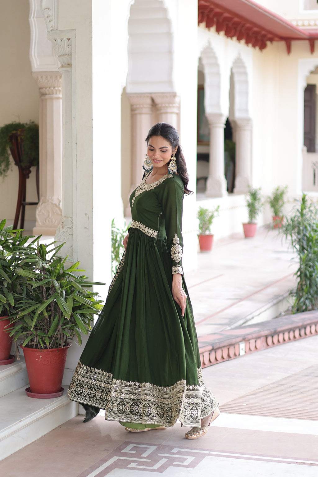 Ruvani Green Color Vichitra Silk Rich Sequins Embroidered Work Gown with Dupatta