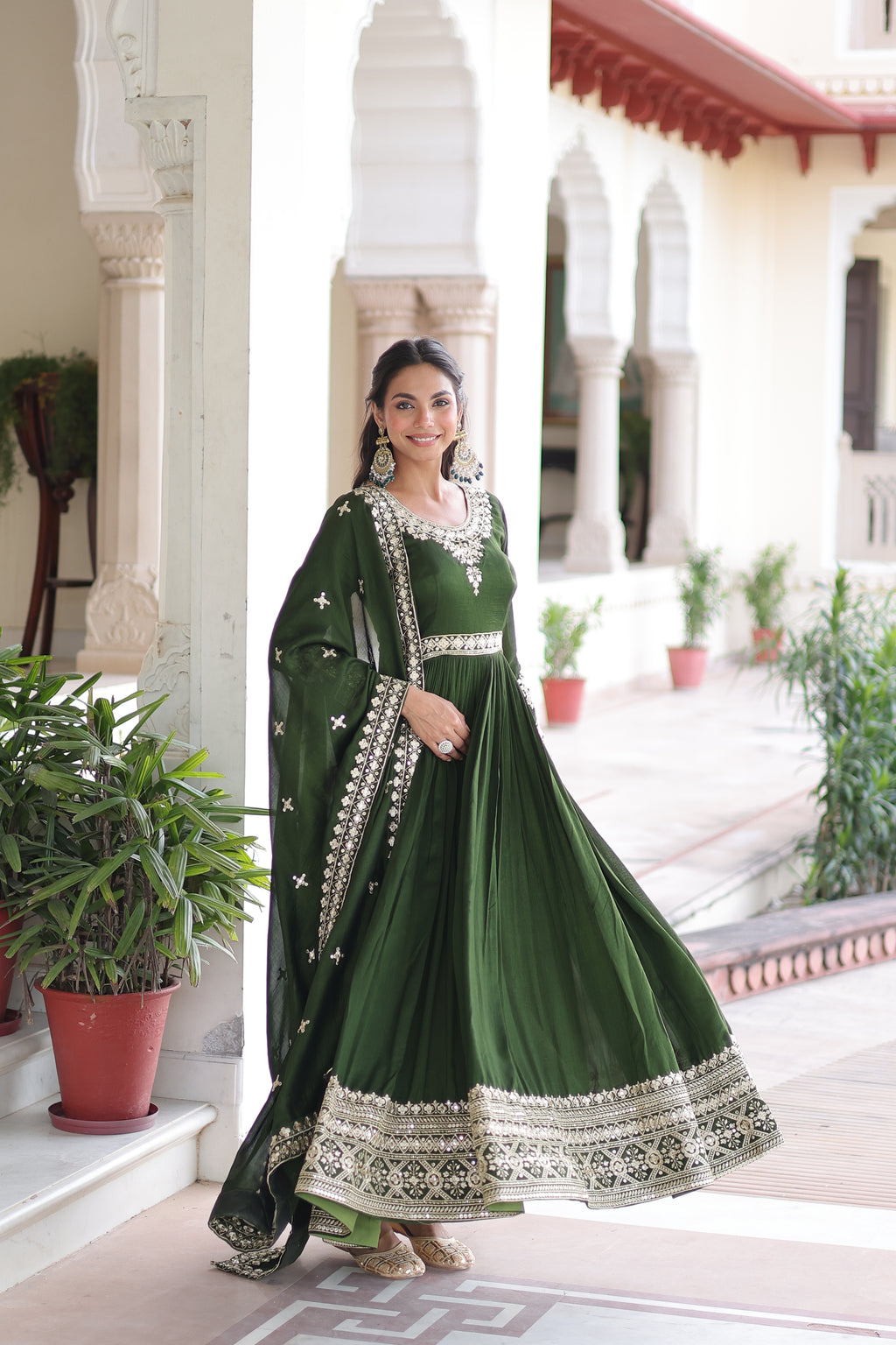 Ruvani Green Color Vichitra Silk Rich Sequins Embroidered Work Gown with Dupatta